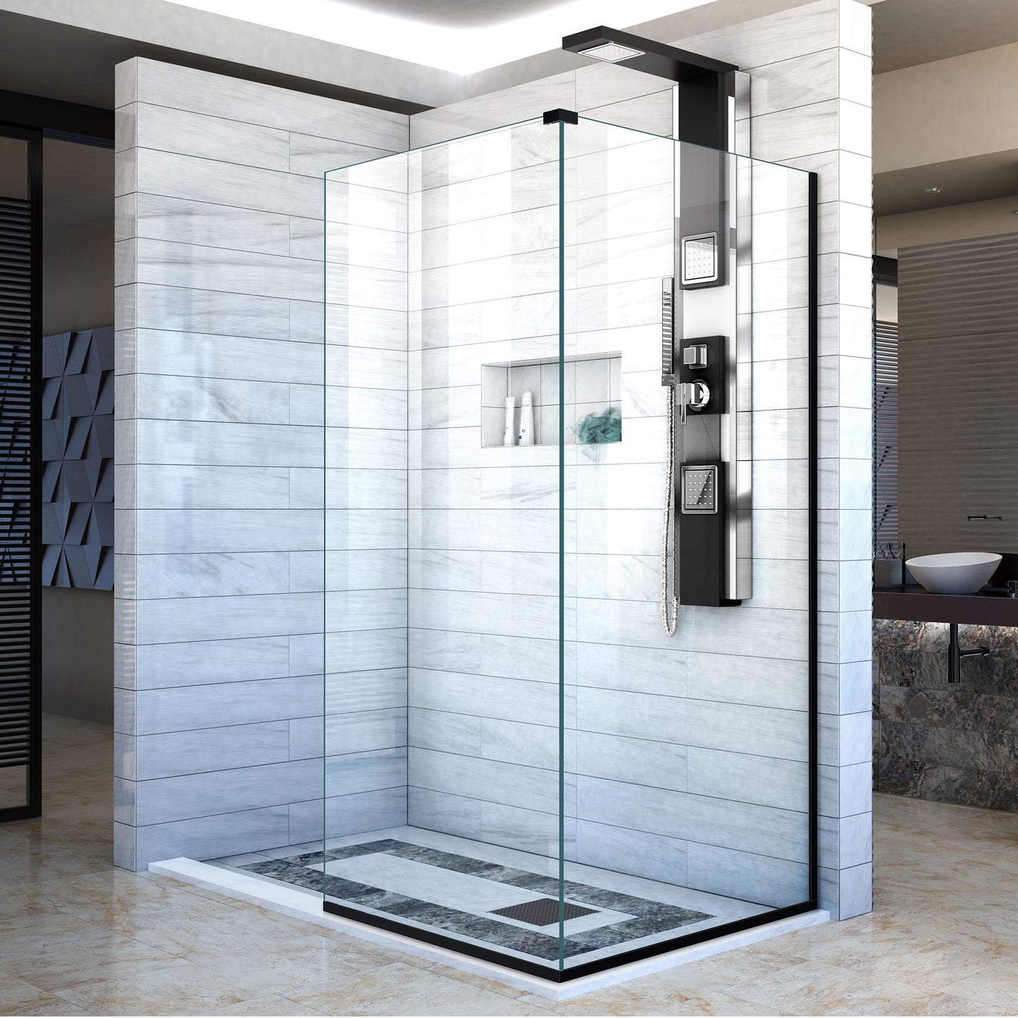 Linea Two Adjacent Frameless Shower Screens 34 in. W x 72 in. H each, Open Entry Design in Satin Black