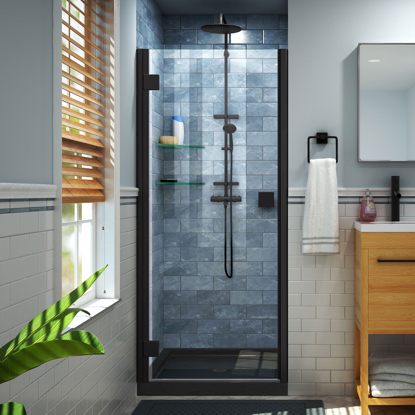 Lumen 36 in. D x 36 in. W by 74 3/4 in. H Hinged Shower Door in Satin Black with Black Acrylic Base Kit