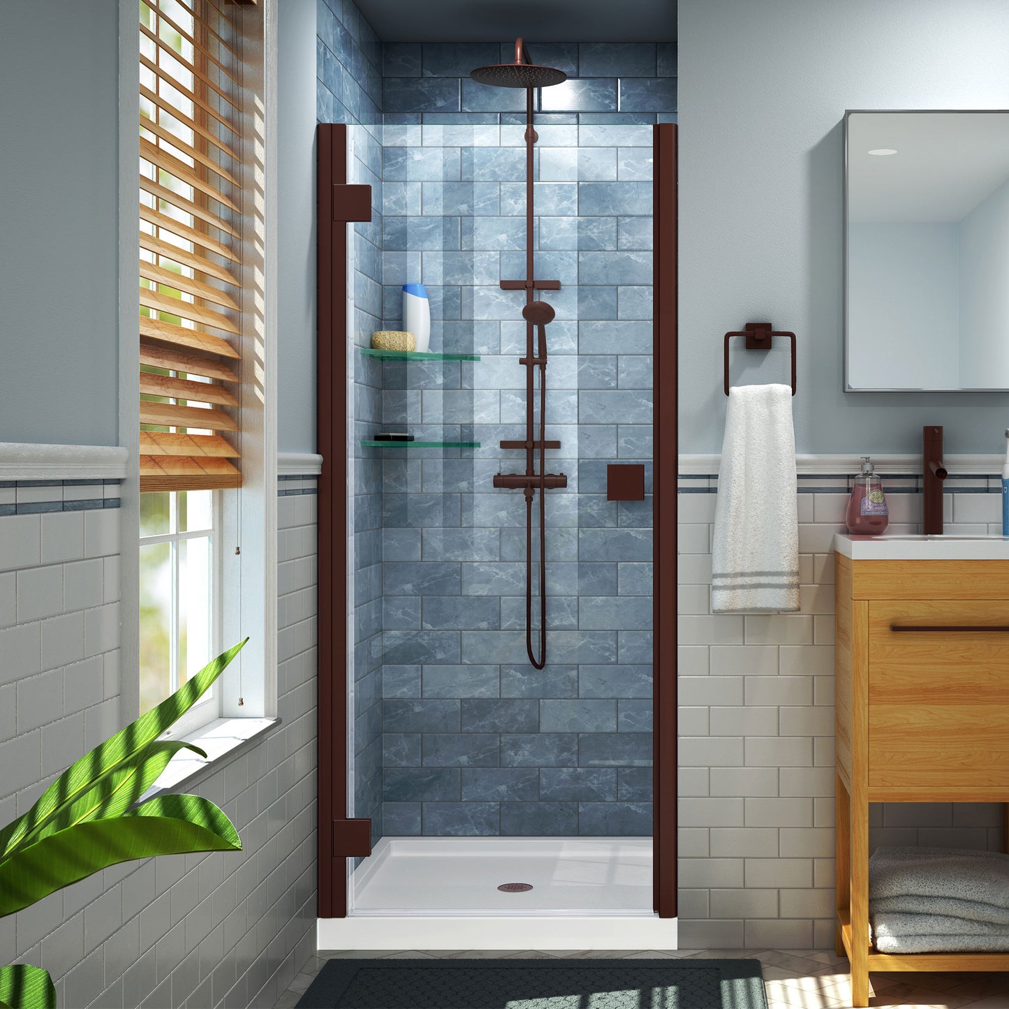 Lumen 36 in. D x 36 in. W by 74 3/4 in. H Hinged Shower Door in Oil Rubbed Bronze with White Acrylic Base Kit