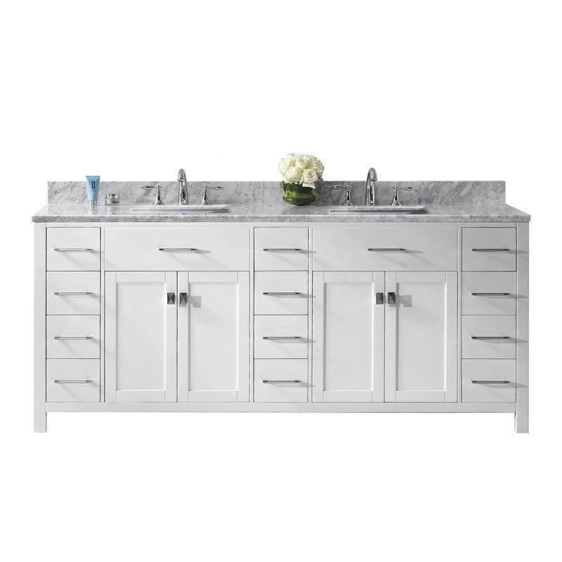 Caroline Parkway 78 Inch Double Bath Vanity with Marble Top and Square Sink, White