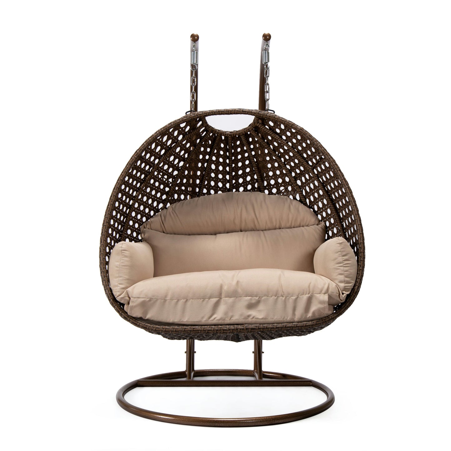 LeisureMod Mendoza Dark Brown Wicker Hanging 2 person Egg Swing Chair - Beige