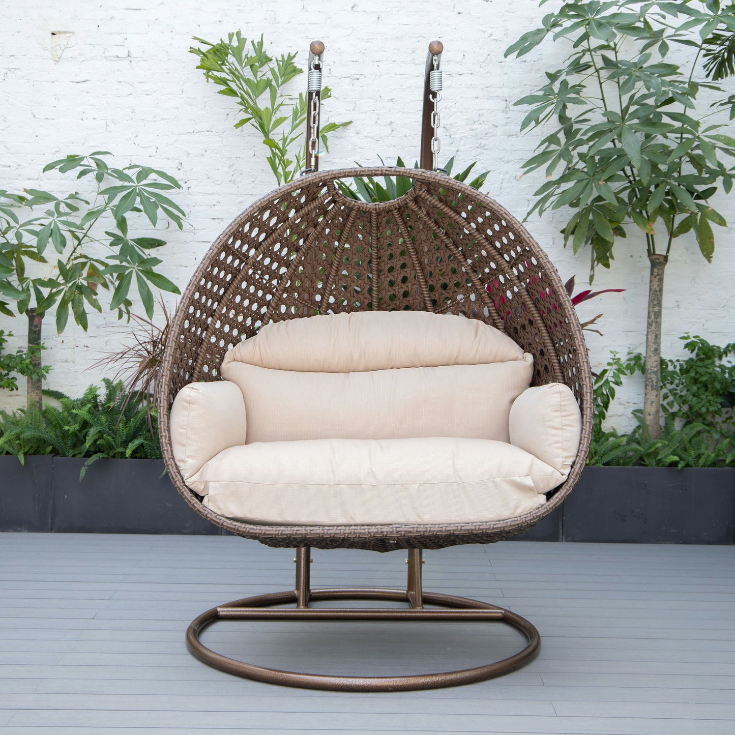 LeisureMod Mendoza Dark Brown Wicker Hanging 2 person Egg Swing Chair - Beige
