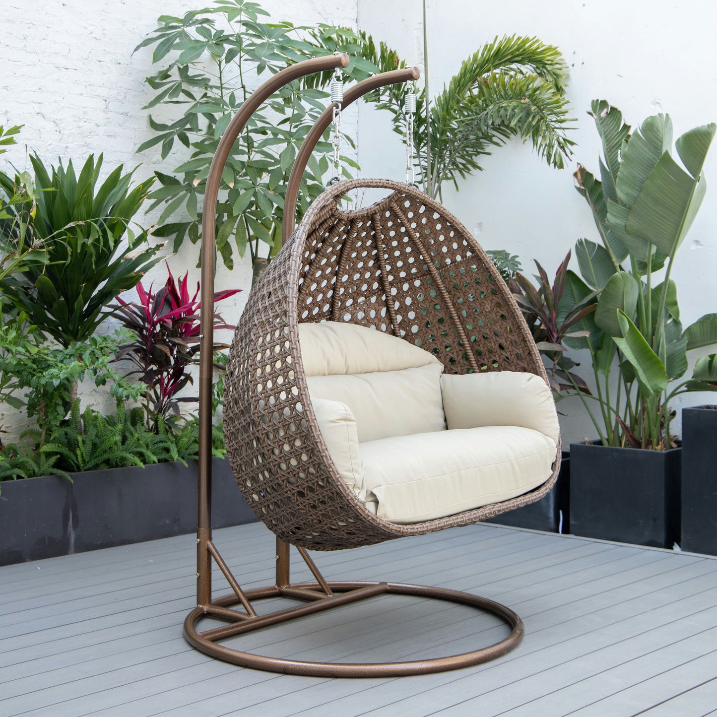 LeisureMod Mendoza Dark Brown Wicker Hanging 2 person Egg Swing Chair - Taupe