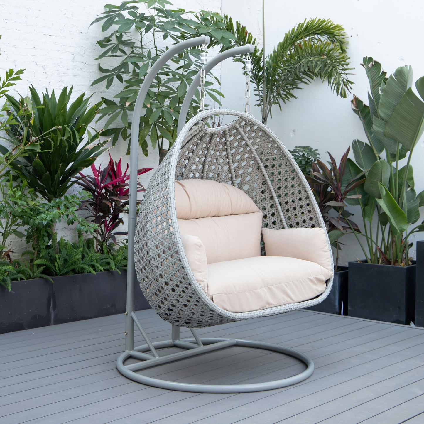 LeisureMod Mendoza Light Grey Wicker Hanging 2 person Egg Swing Chair - Beige