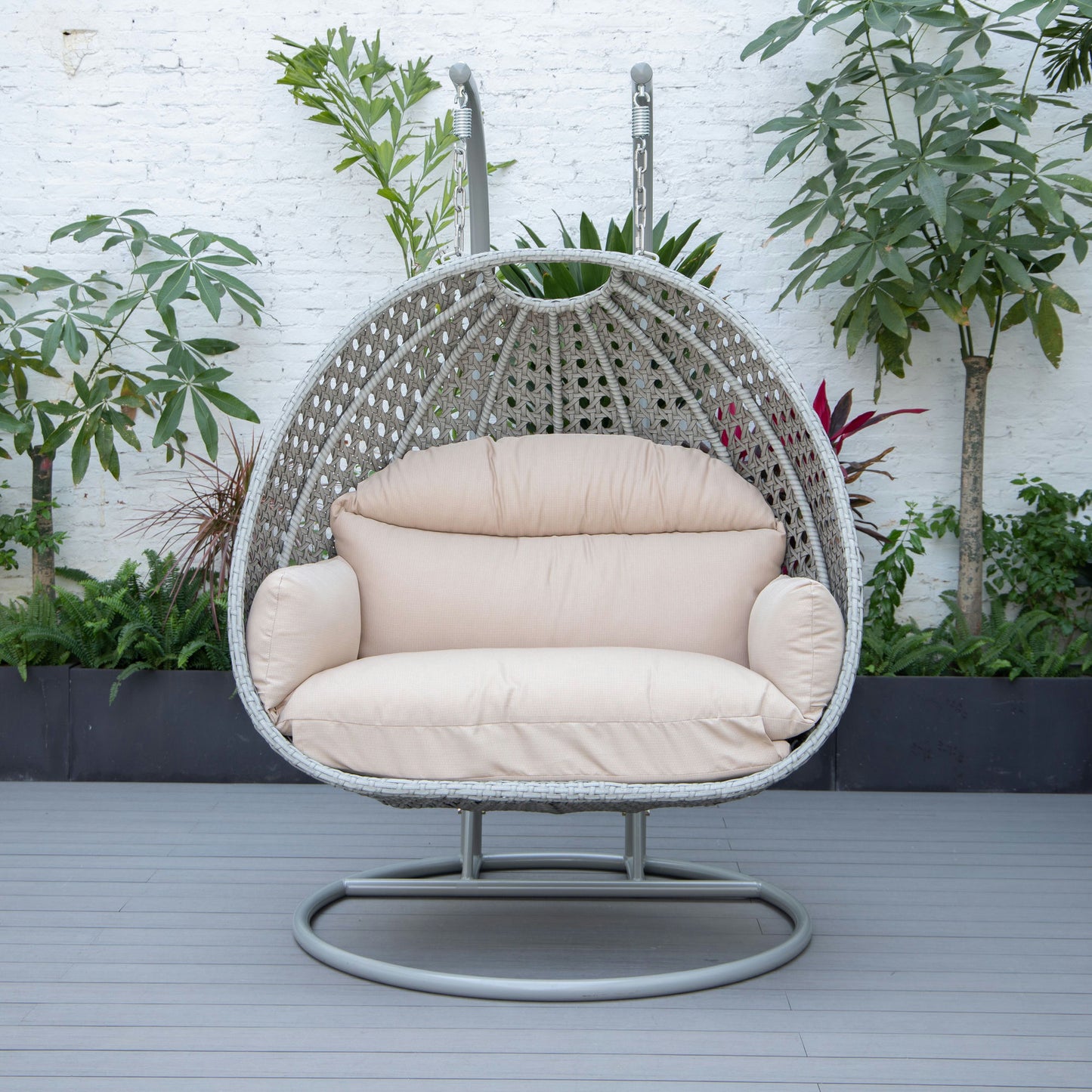 LeisureMod Mendoza Light Grey Wicker Hanging 2 person Egg Swing Chair - Beige