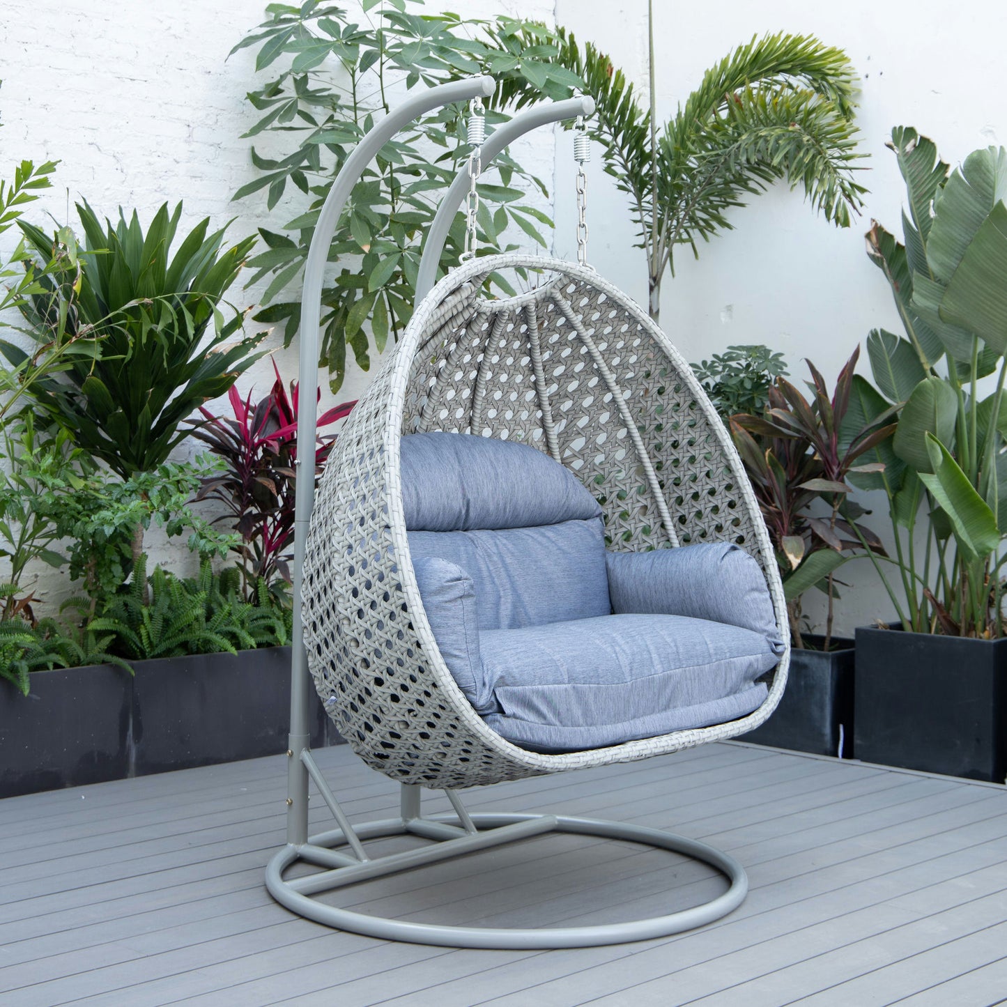 LeisureMod Mendoza Light Grey Wicker Hanging 2 person Egg Swing Chair - Charcoal