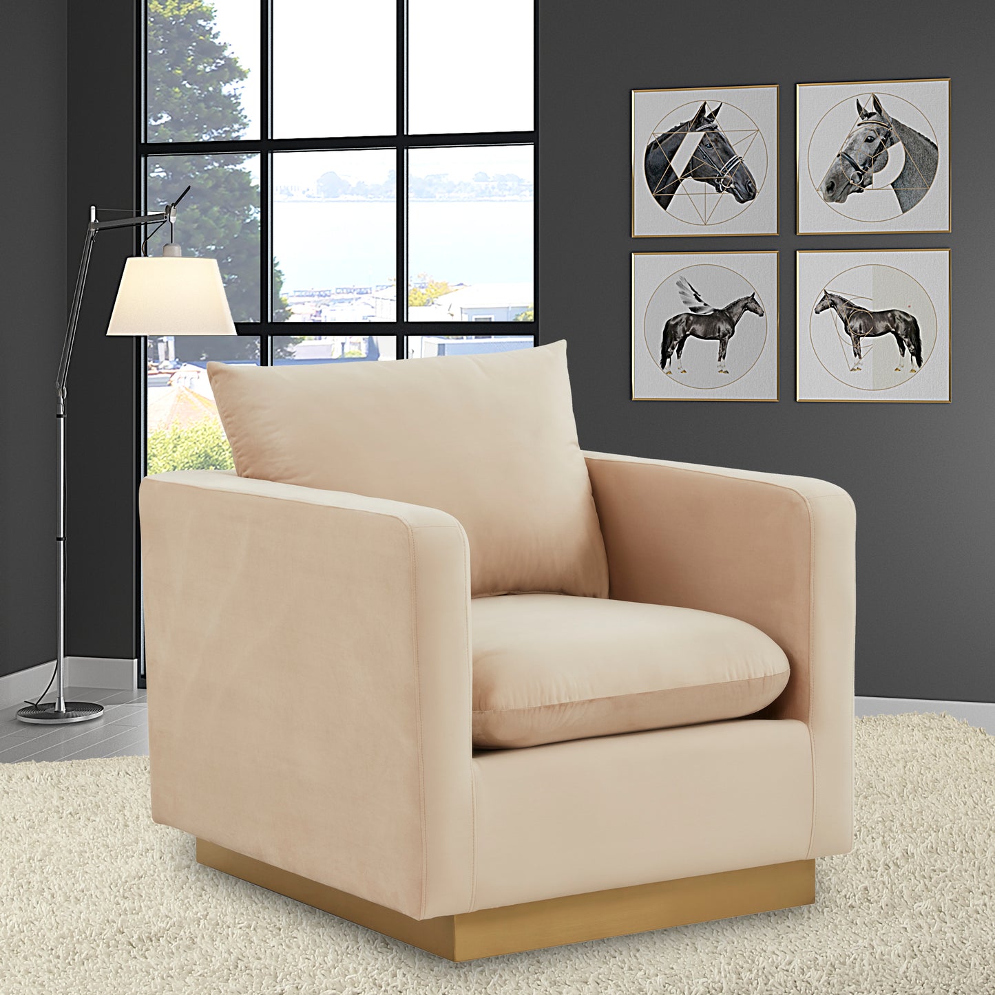 LeisureMod Nervo Velvet Accent Armchair In Beige