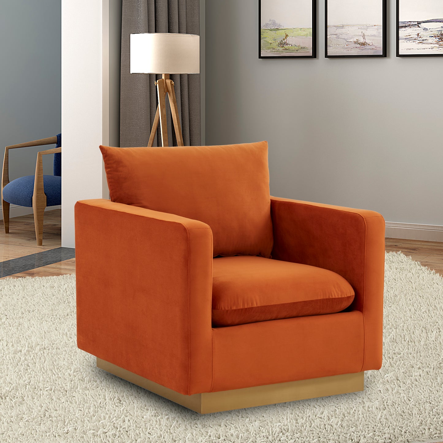 LeisureMod Nervo Velvet Accent Armchair In Orange Marmalade
