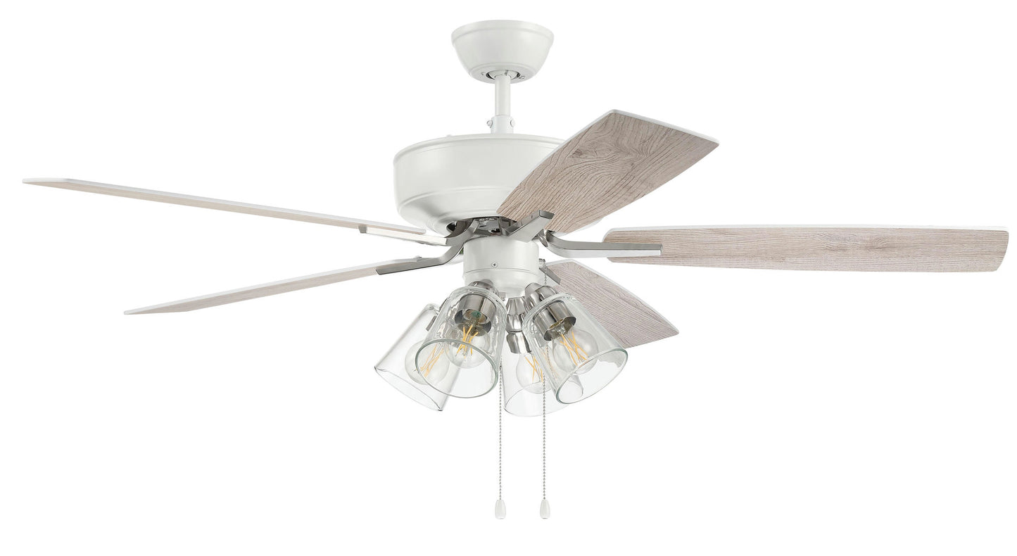52" Pro Plus Fan w/ Clear 4 Light Kit White/Nickel, rev White Oak Blades