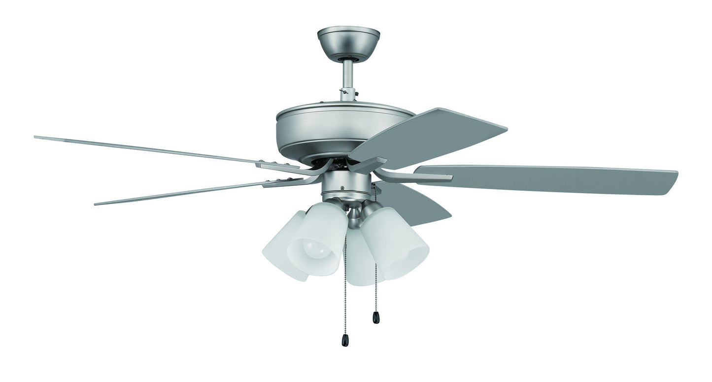 52" Pro Plus Fan w/ 4 Light Kit, White Glass and Blades in Satin Nickel