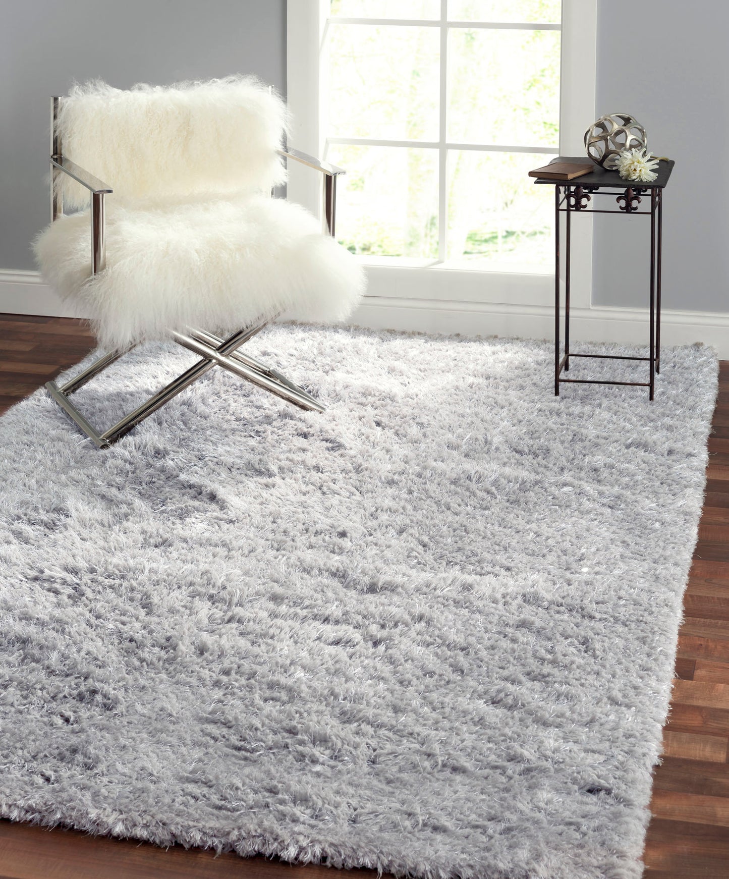 Pasargad Home Paris Shag Collection Silver Poly & Cotton Area Rug 10'0" X 14'0"