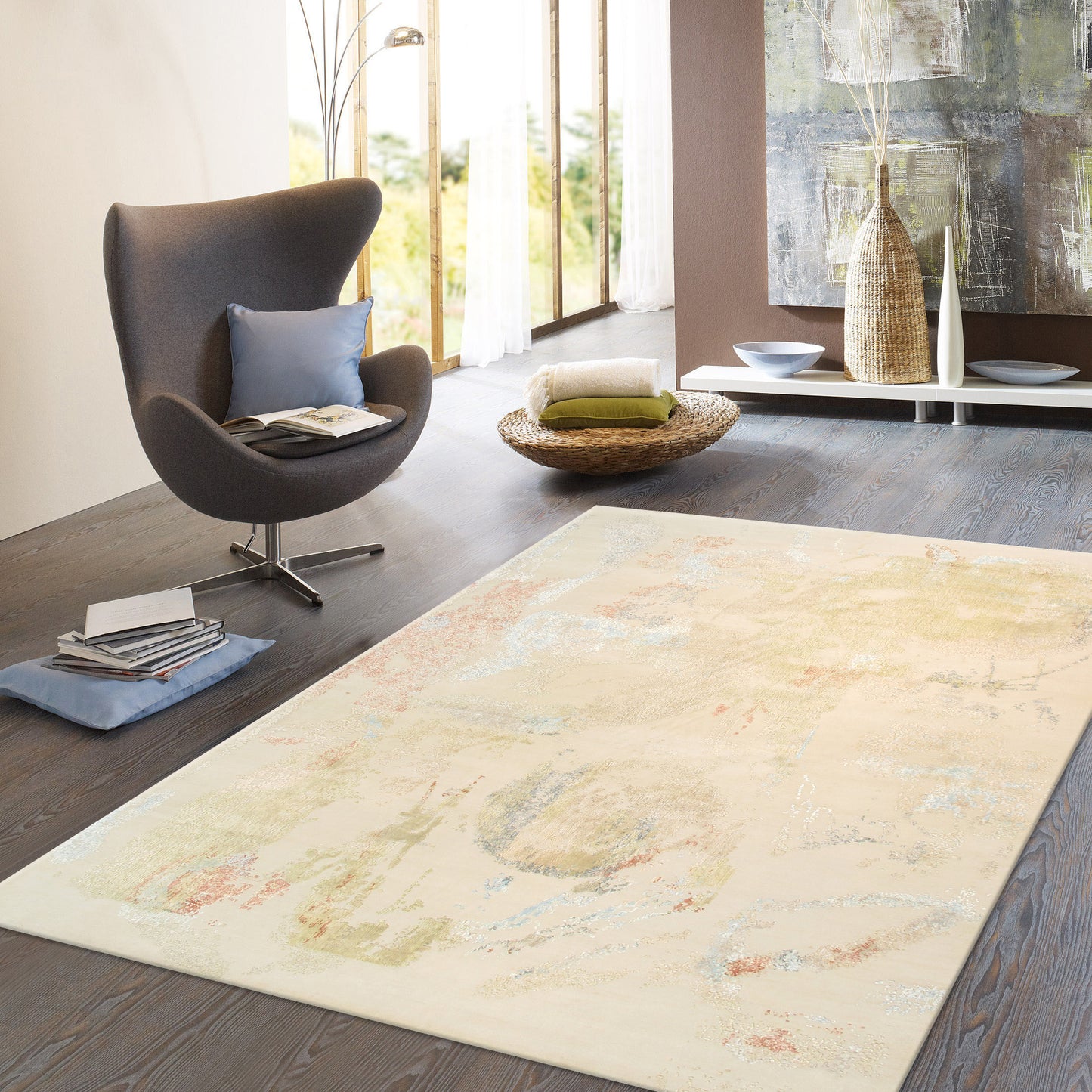 Pasargad Home Modern Collection Beige Silk & Wool Area Rug 10'1" X 14'2"