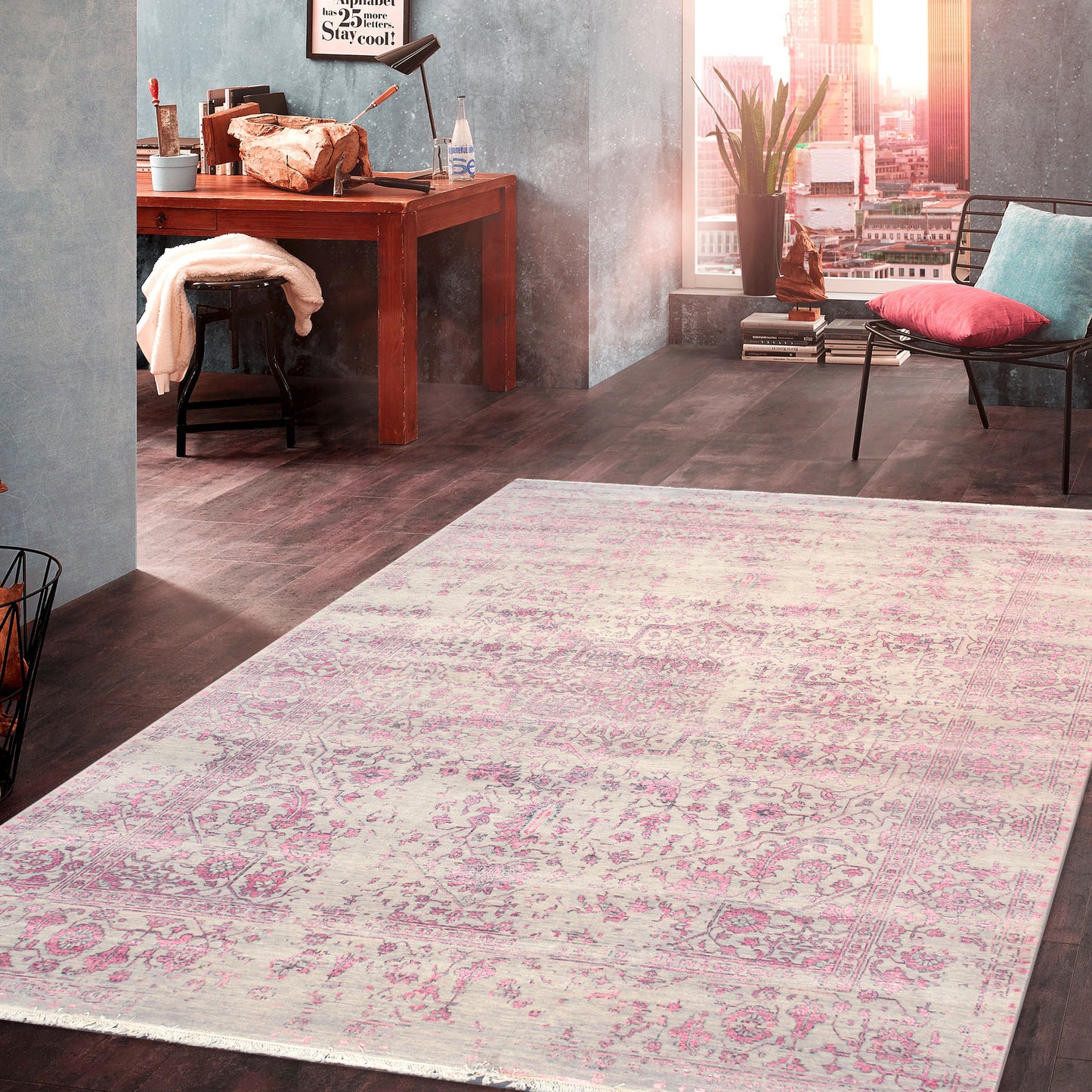 Pasargad Home Transitional Collection Silver Bamboo Silk & Wool Rug 8'0" X 10'1"