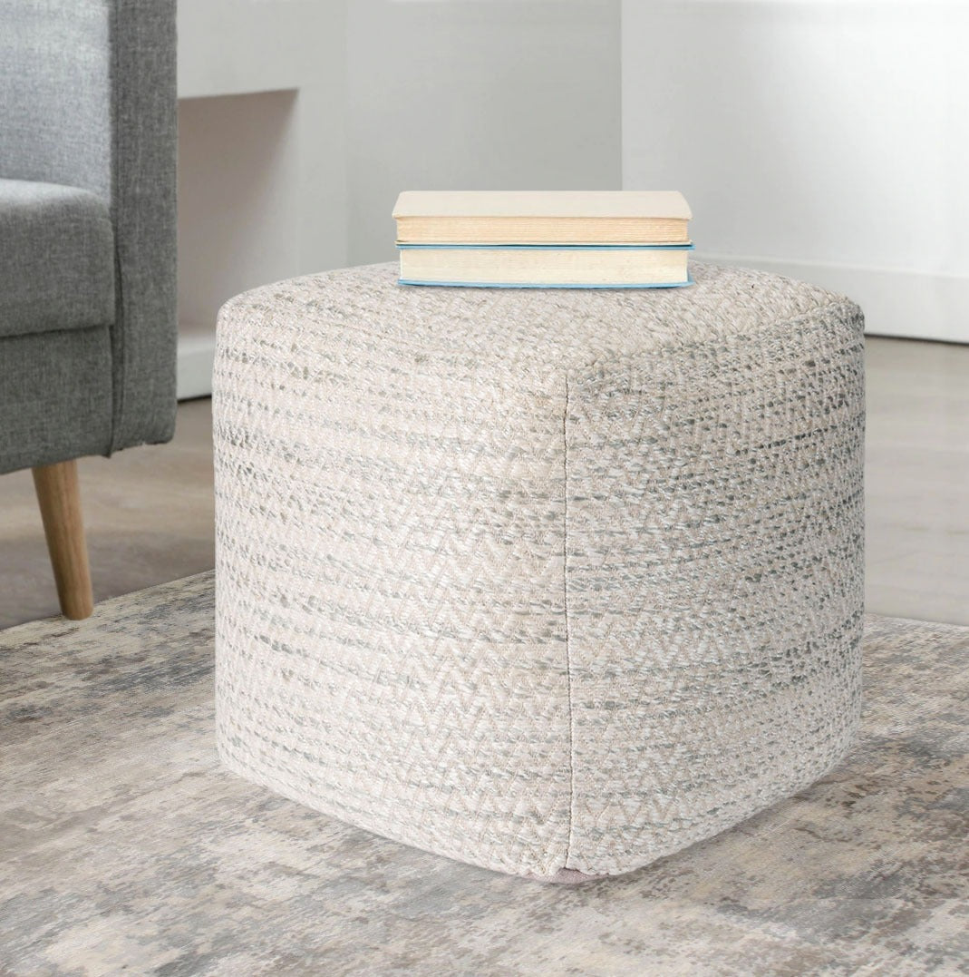 Pasargad Home Galaxy Collection Ivory Bamboo Silk & Wool Pouf Ottoman