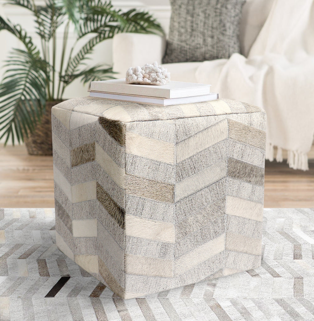 Pasargad Home Galaxy Collection Silver Cowhide&sar Pouf Ottoman