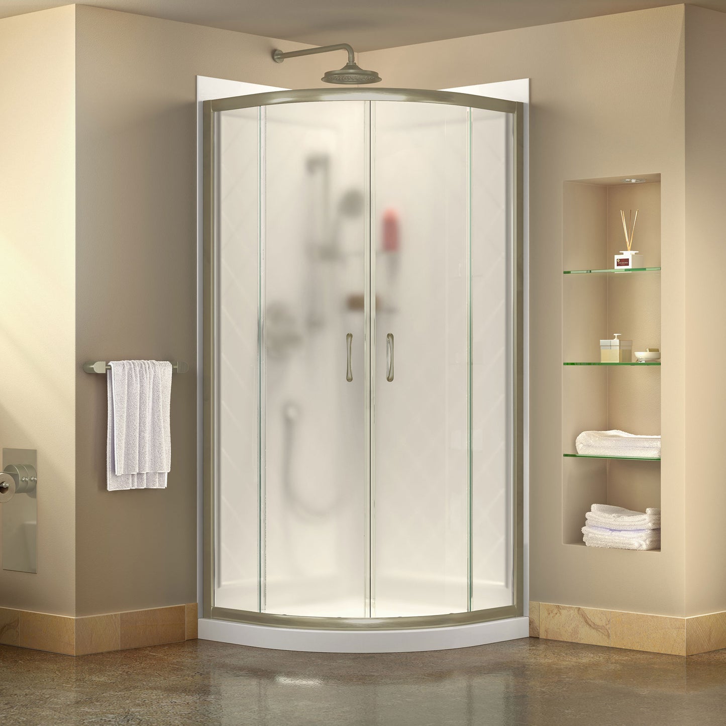 Prime 38 in. x 76 3/4 in. Semi-Frameless Frosted Glass Sliding Shower Enclosure in Brushed Nickel with Base and Backwall