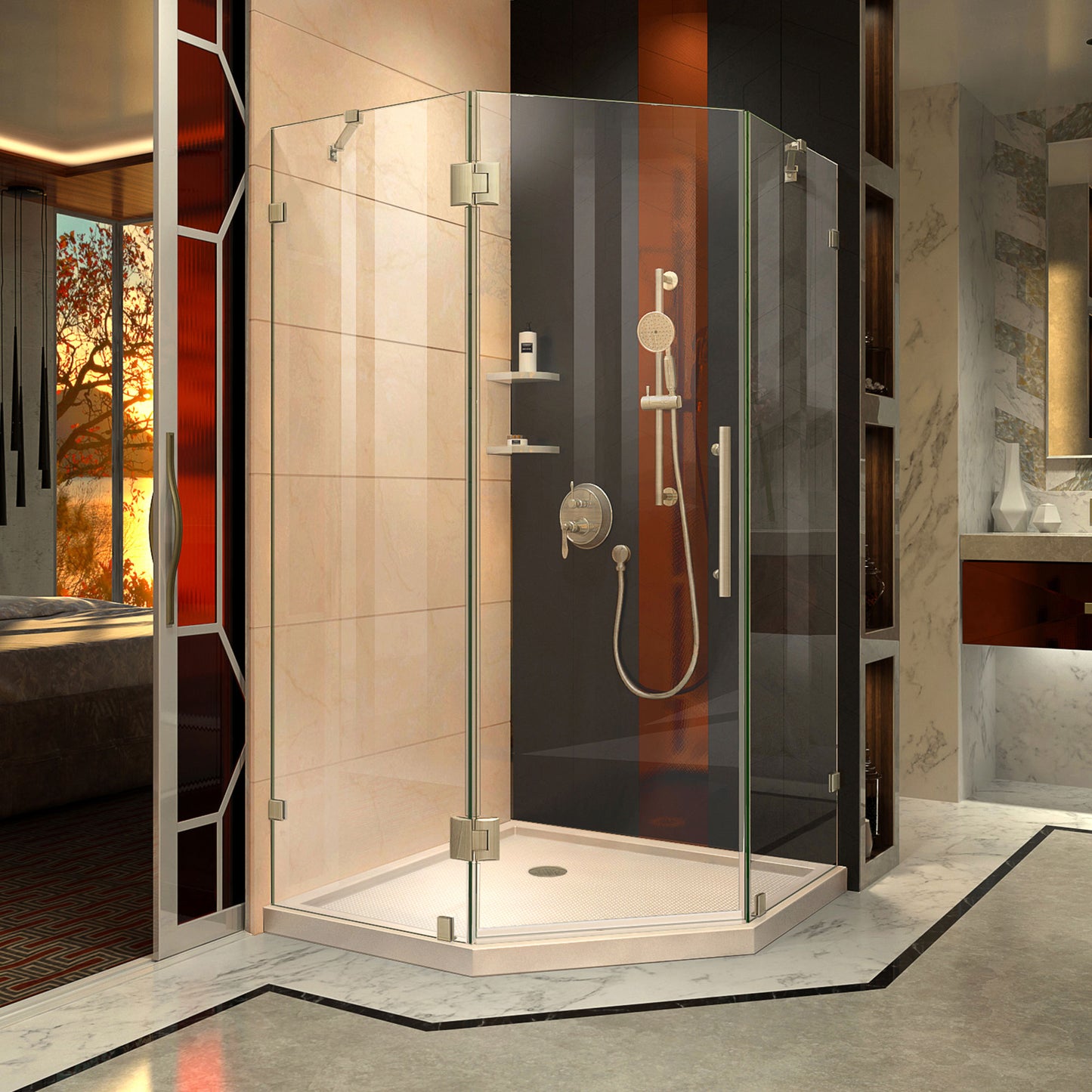 Prism Lux 38 in. x 74 3/4 in. Fully Frameless Neo-Angle Shower Enclosure in Brushed Nickel with Biscuit Base