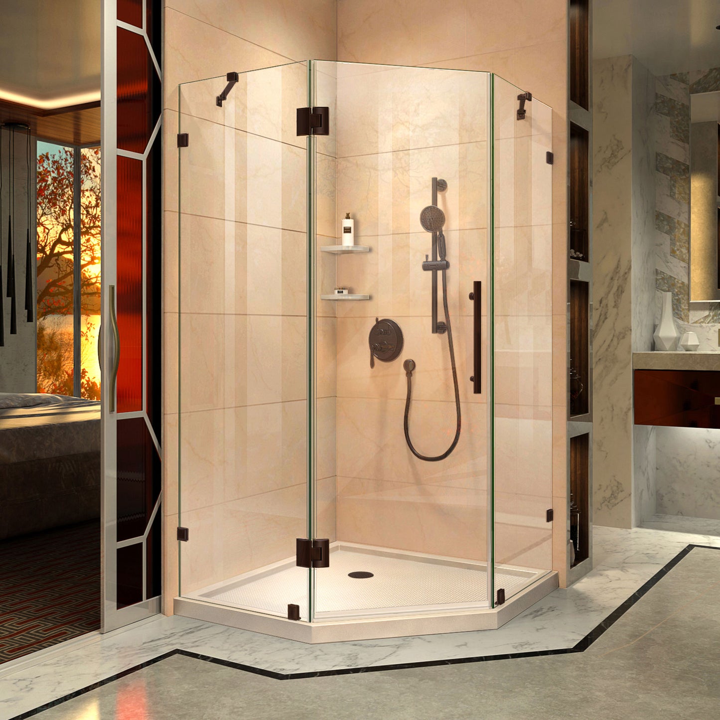 Prism Lux 38 in. x 74 3/4 in. Fully Frameless Neo-Angle Shower Enclosure in Oil Rubbed Bronze with Biscuit Base