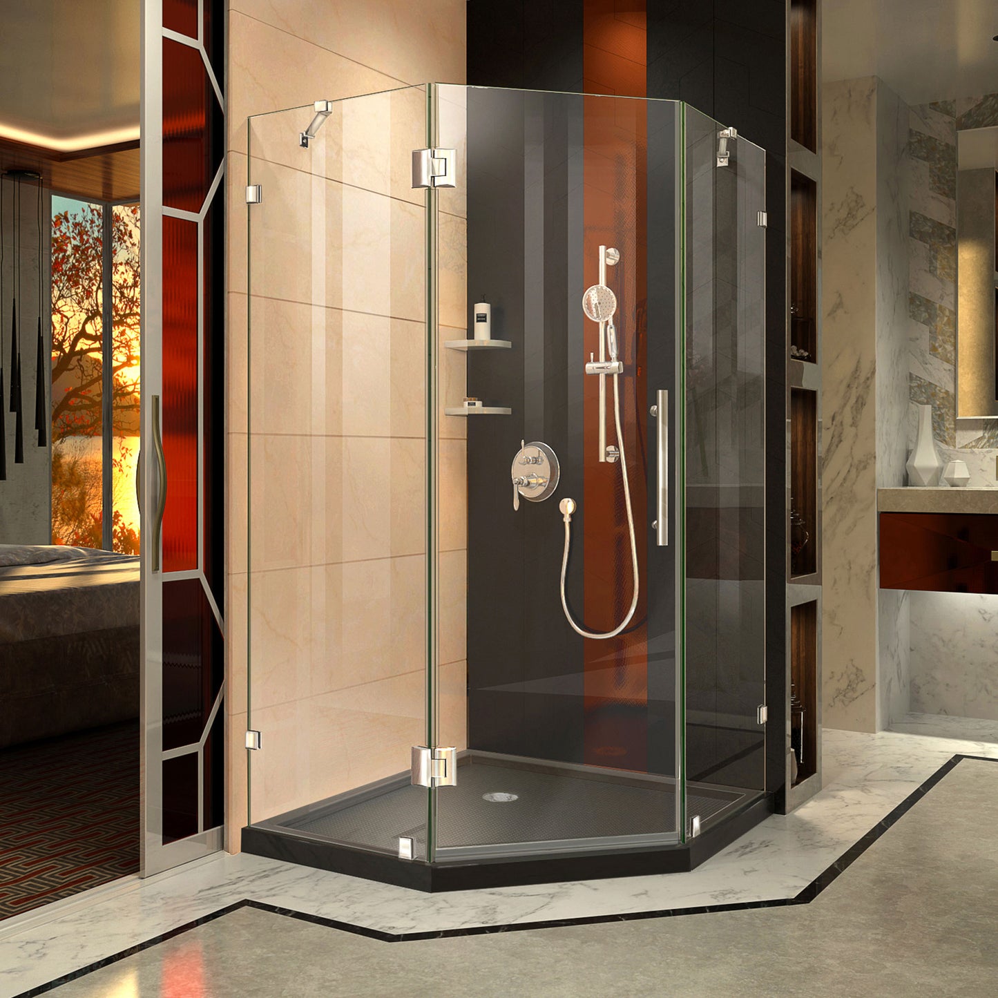 Prism Lux 38 in. x 74 3/4 in. Fully Frameless Neo-Angle Shower Enclosure in Chrome with Black Base