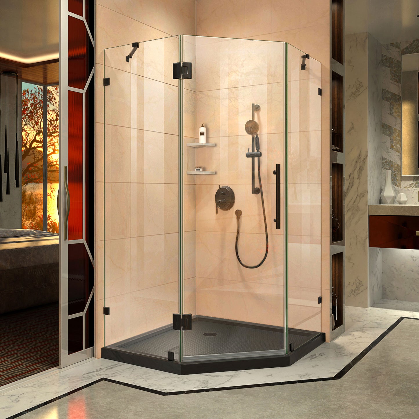 Prism Lux 38 in. x 74 3/4 in. Fully Frameless Neo-Angle Shower Enclosure in Satin Black with Black Base