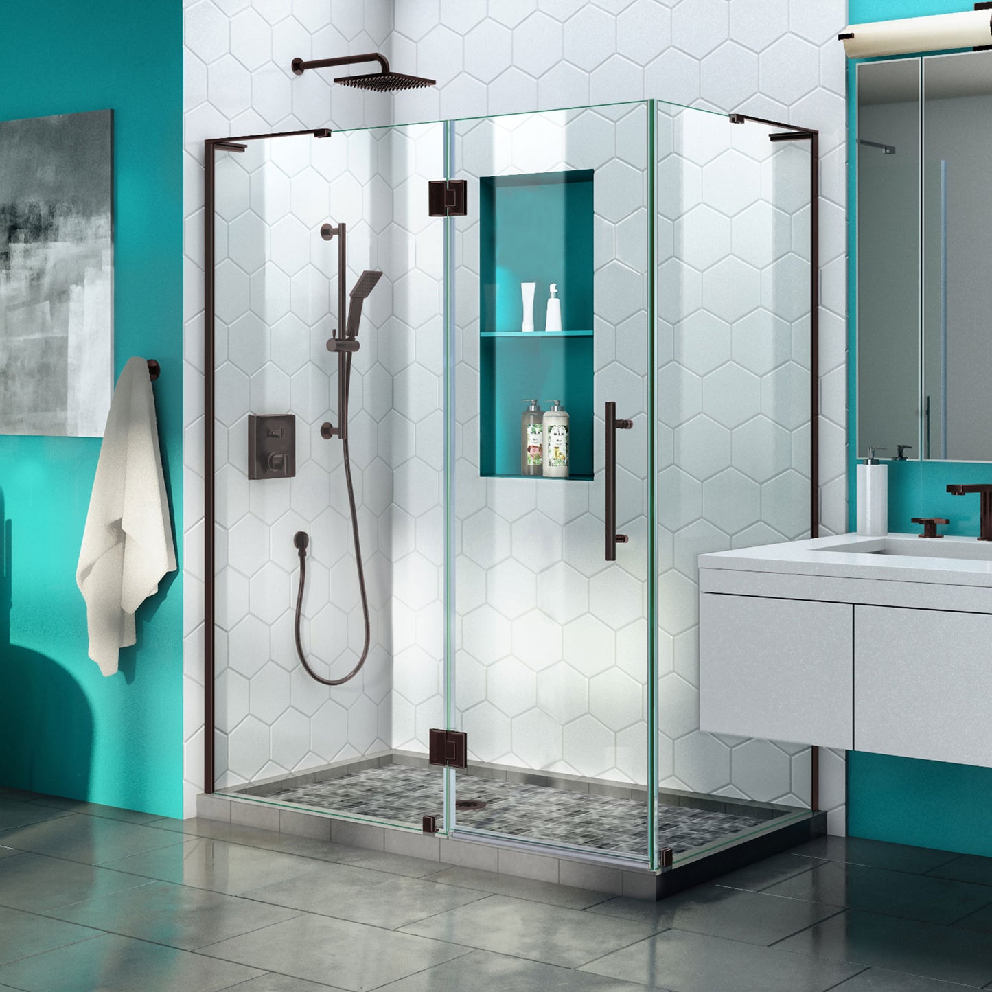 Quatra Plus 34 in. D x 46 in. W x 72 in. H Frameless Hinged Shower Enclosure in Oil Rubbed Bronze
