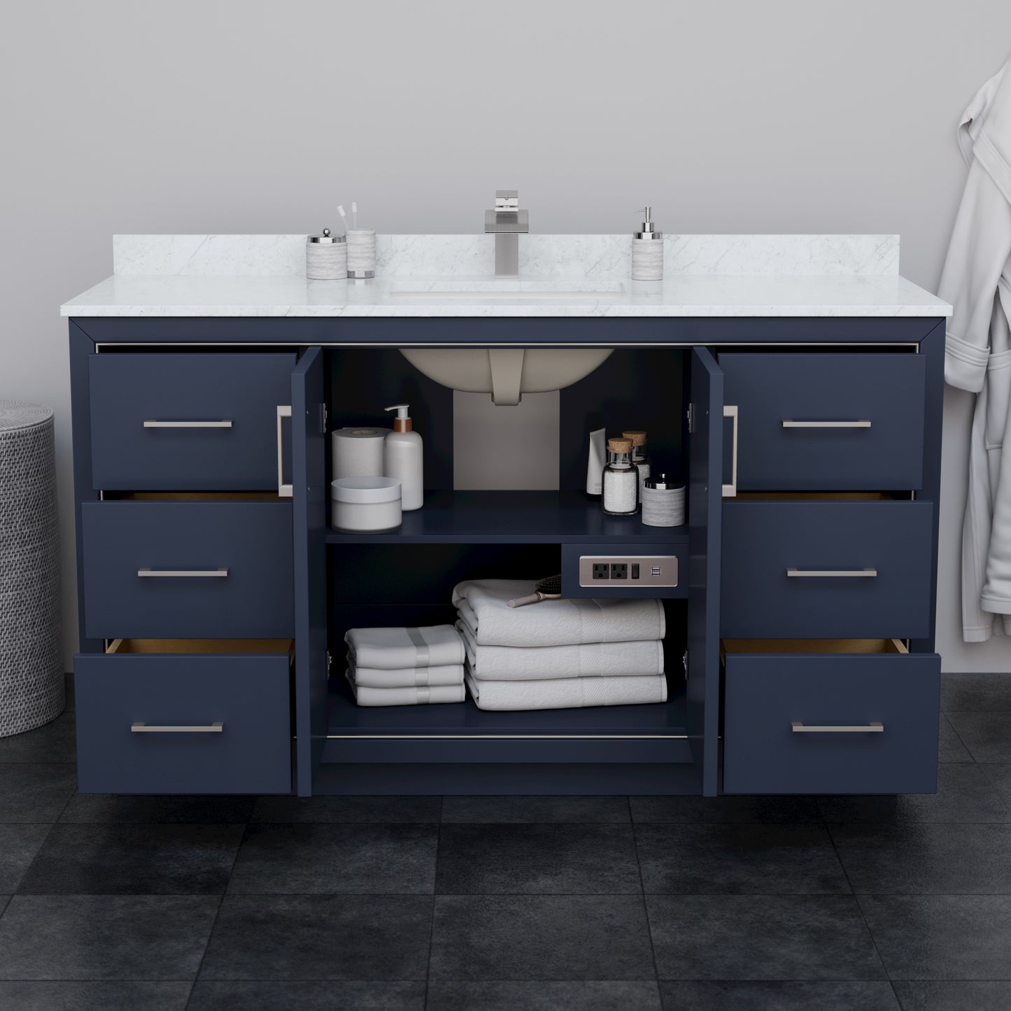 Icon 60" Single Vanity in Dark Blue, White Cultured Marble Top, Nickel Trim