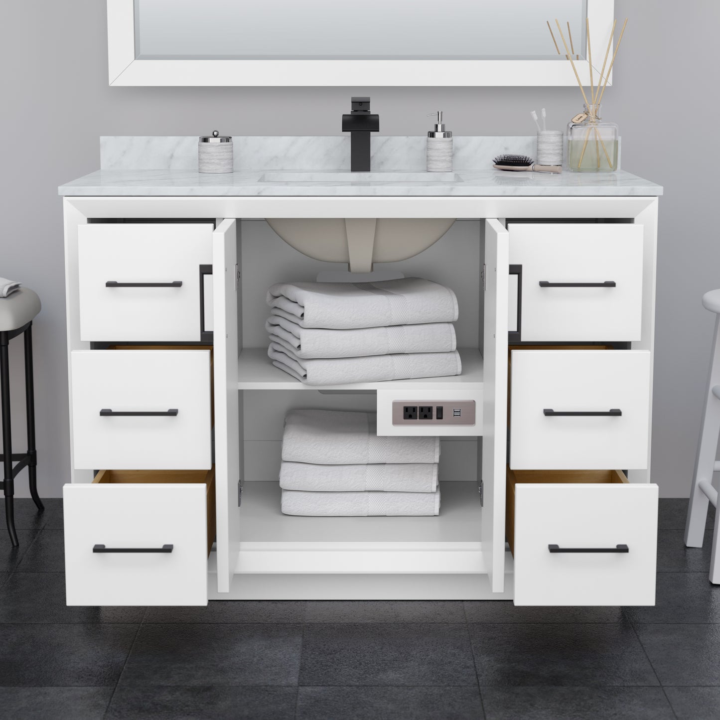 Strada 48" White Single Vanity, White Marble Top, Sink, Bronze Trim, 46" Mirror