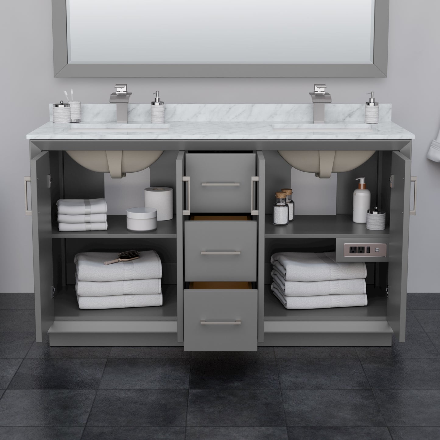 Strada 60 Inch Double Vanity in Dark Gray, No Countertop, Brushed Nickel Trim