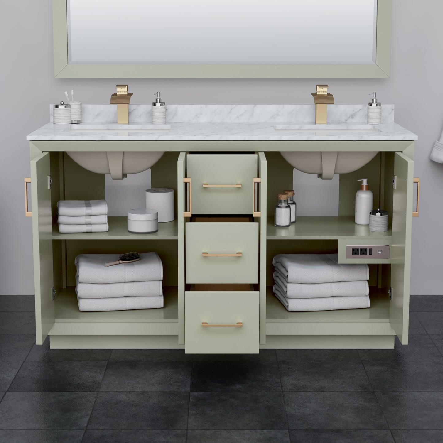 Strada 60" Double Vanity in Green, White Carrara Marble Top, Sinks, Bronze Trim