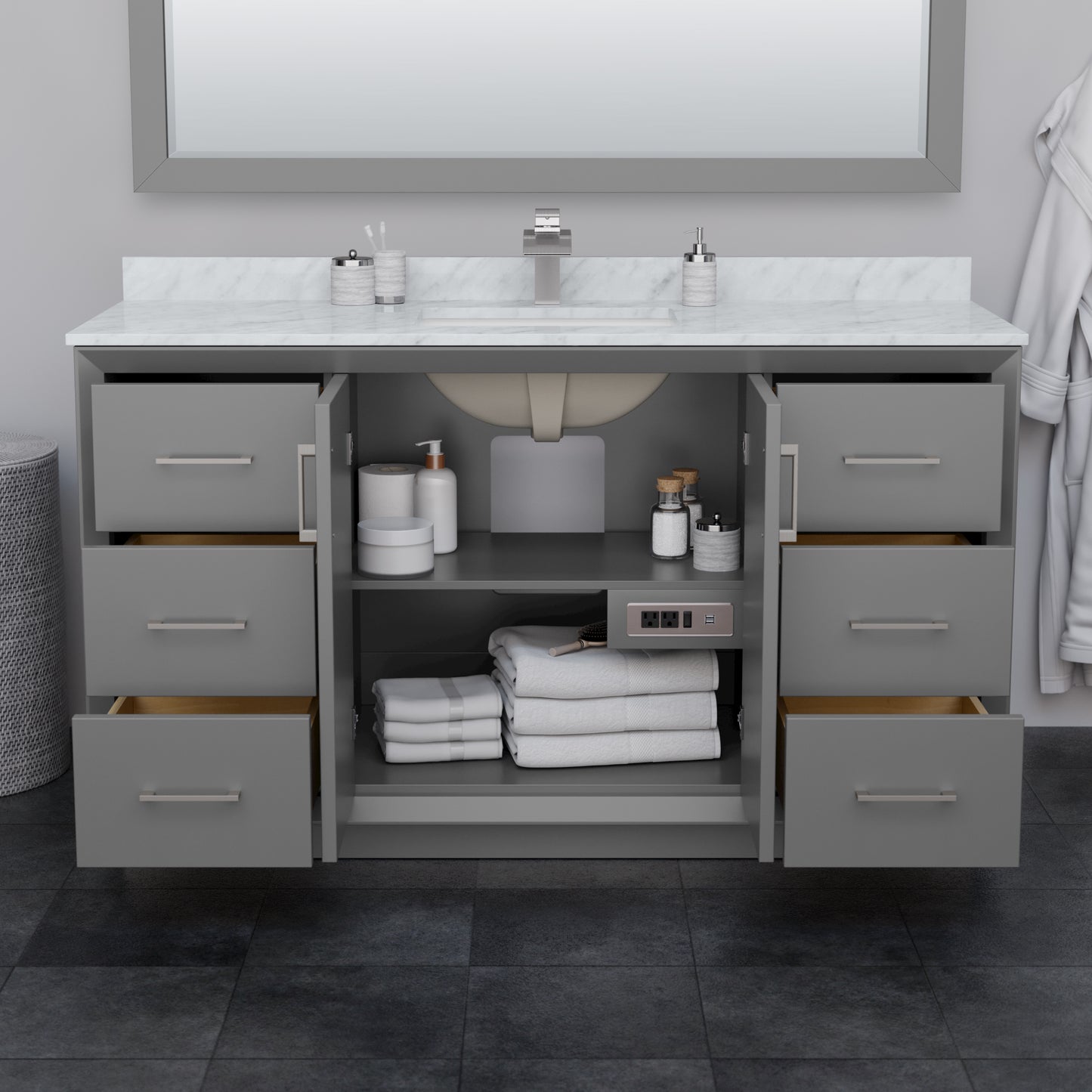 Strada 60" Gray Single Vanity, Carrara Marble Top, Sink, Bronze Trim, 58" Mirror