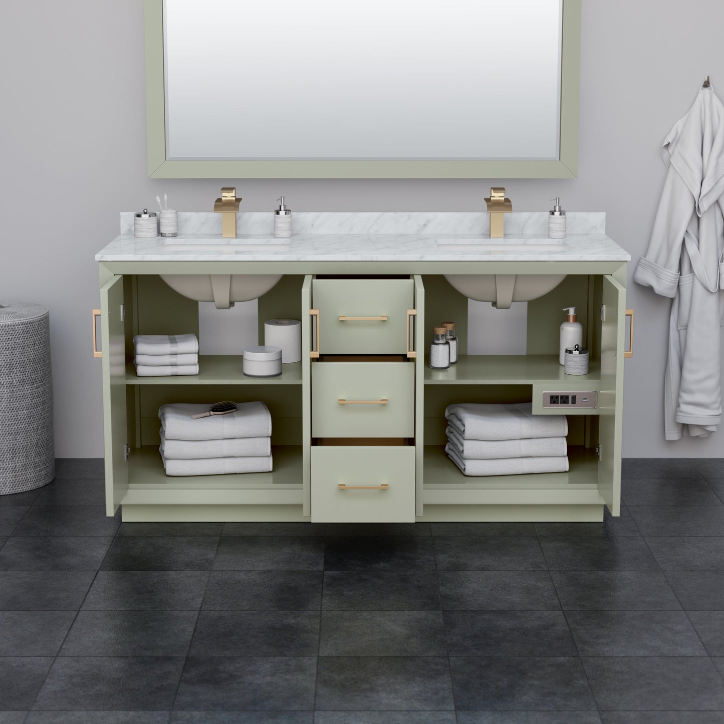 Strada 66 Inch Double Vanity in Light Green, Brushed Nickel Trim, 58 Inch Mirror