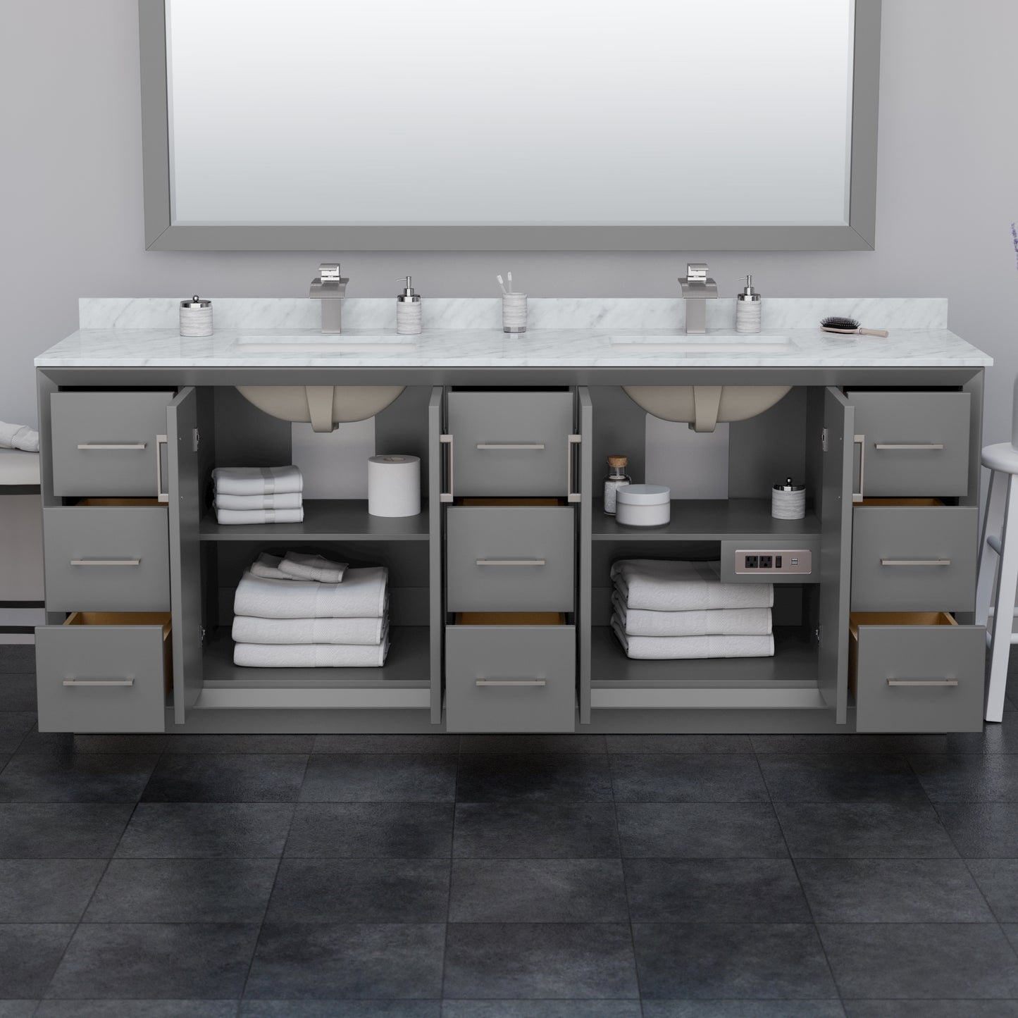 Strada 84" Gray Double Vanity, Carrara Marble Top, Sink, Nickel Trim, 70" Mirror