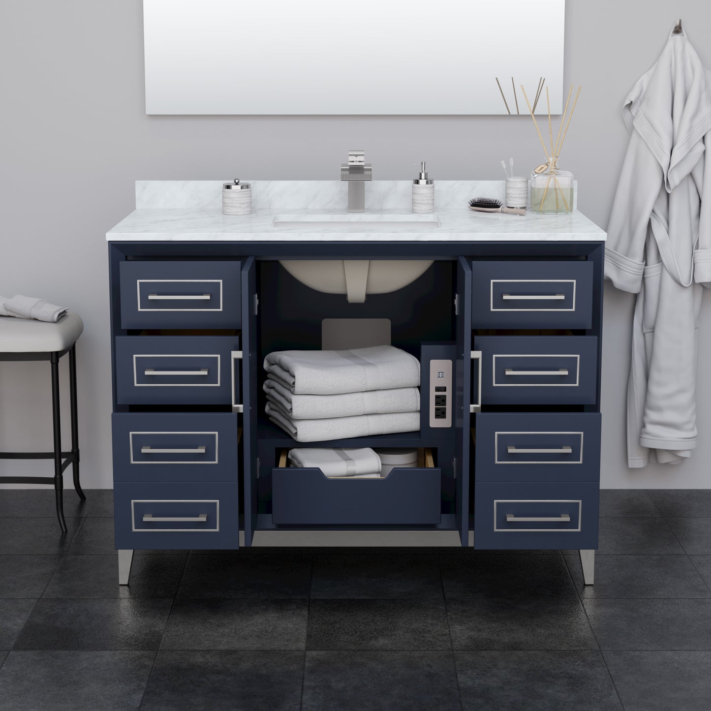 Marlena 48 Inch Single Vanity in Dark Blue, No Top, No Sink, Brushed Nickel Trim