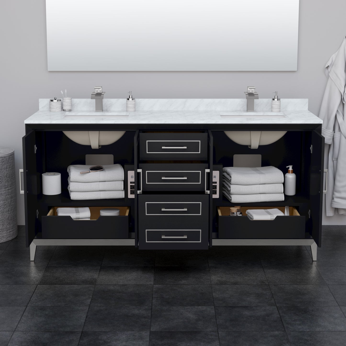 Marlena 72 " Black Double Vanity, White Carrara Marble Top, Sinks, Nickel Trim