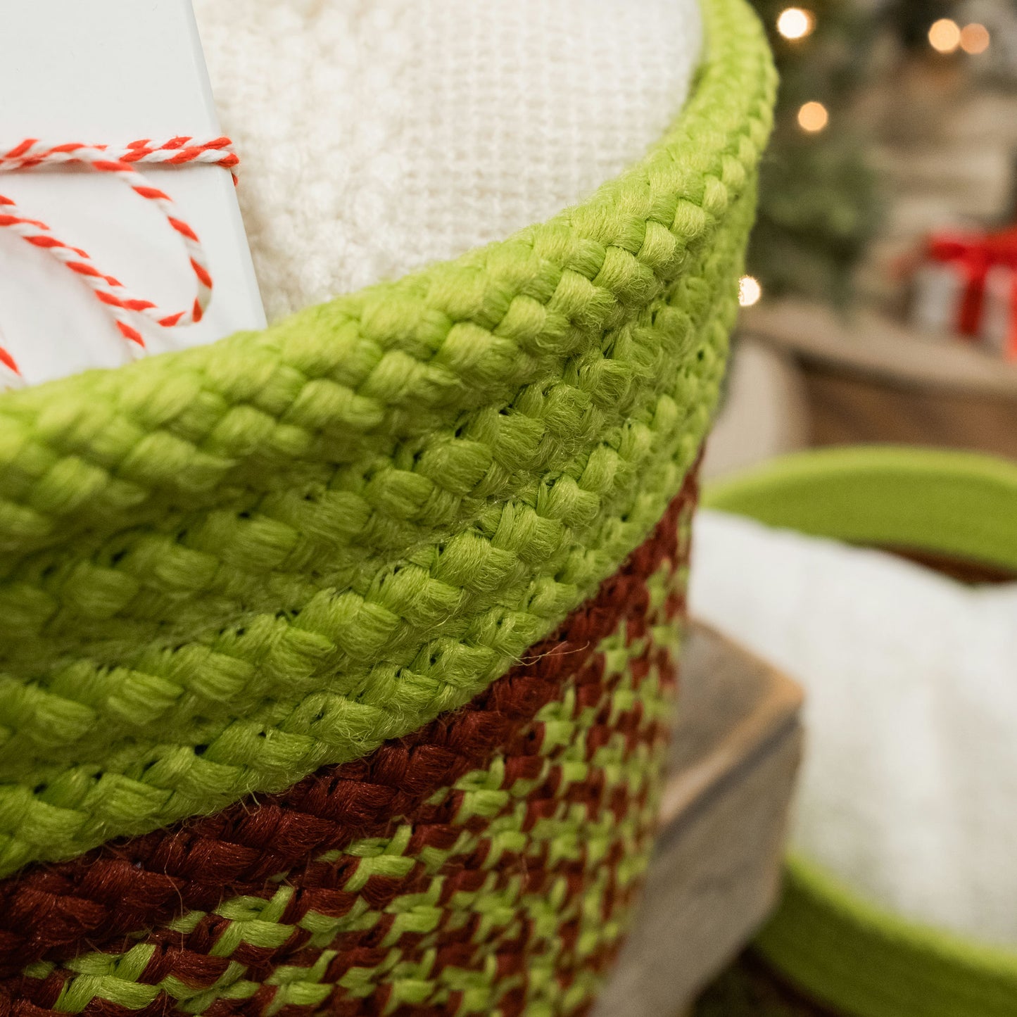 Merry & Bright Houndstooth Basket - Red/Green 16"x16"x10"