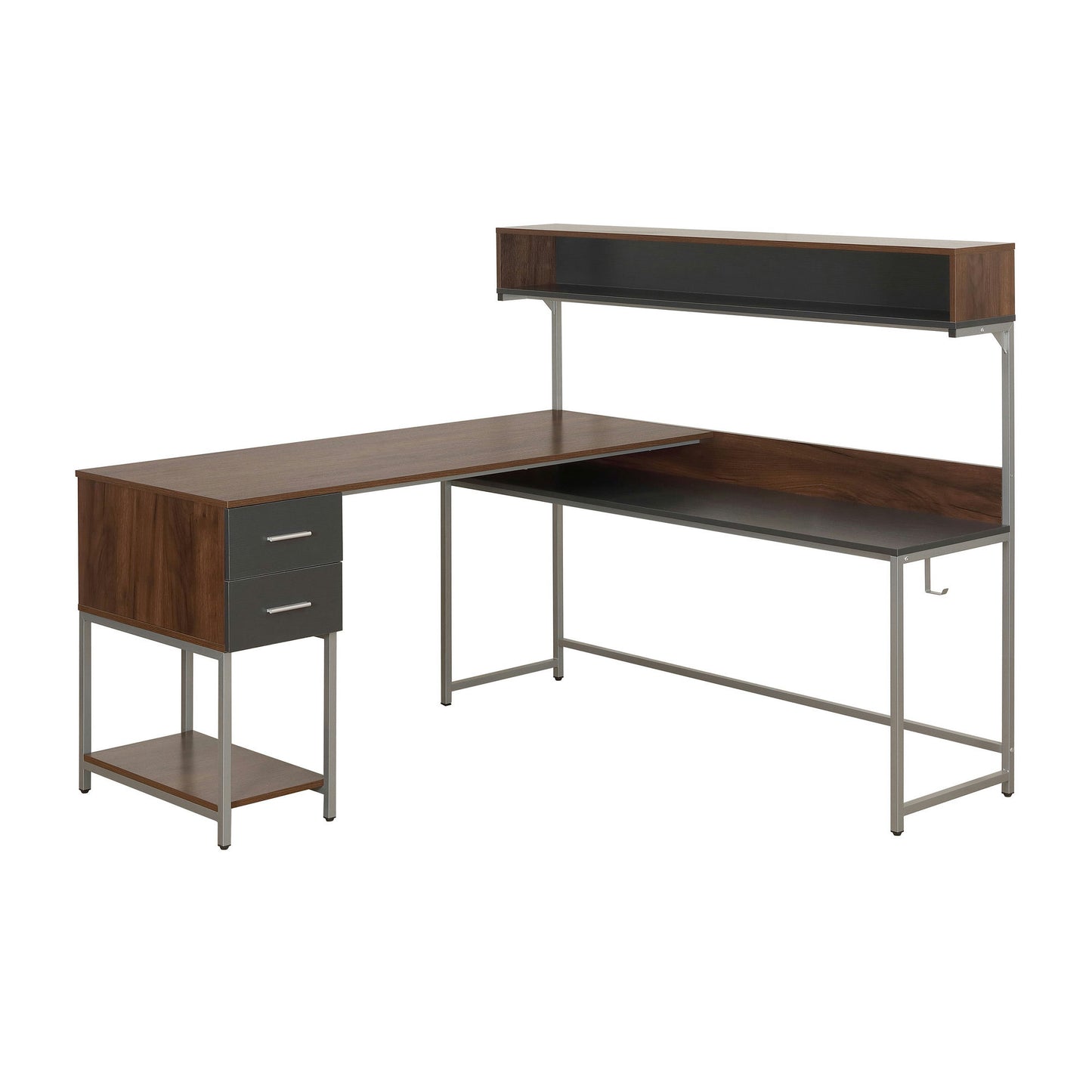 Techni Mobili L-Shape Desk with Hutch and Storage, walnut