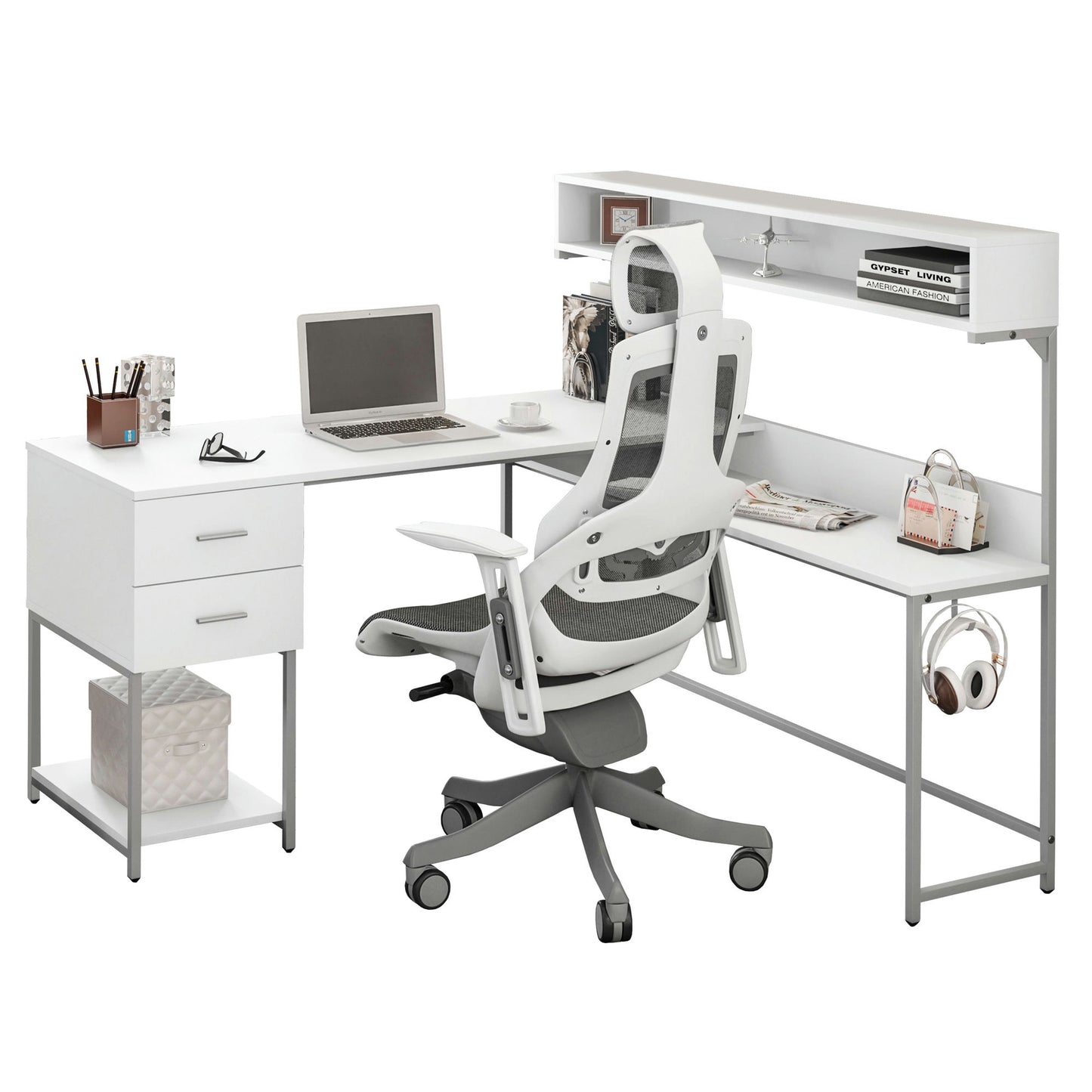 Techni Mobili L-Shape Desk with Hutch and Storage, white