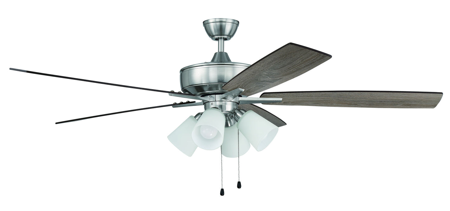60" Super Pro Fan w/ 4 Lt Kit White Glass and Blades in Polished Nickel