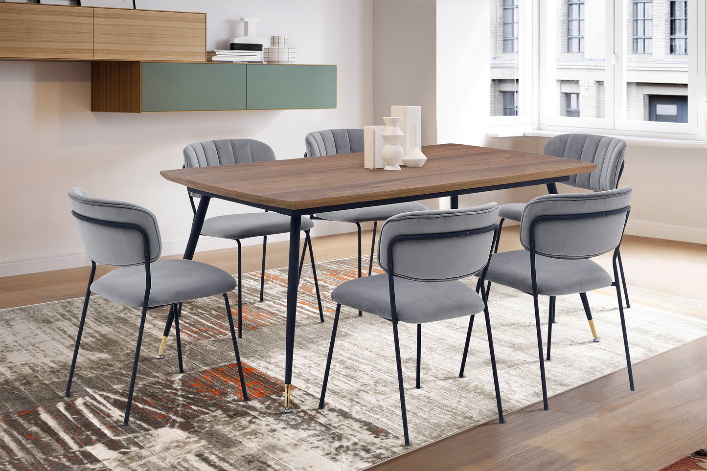 Messina and Carlo Gray Velvet 7 Piece Rectangular Dining Set