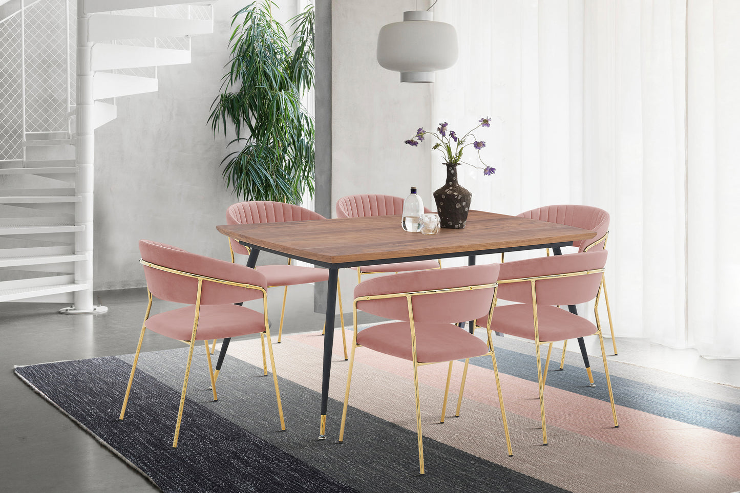Messina and Nara Pink Velvet 7 Piece Rectangular Dining Set