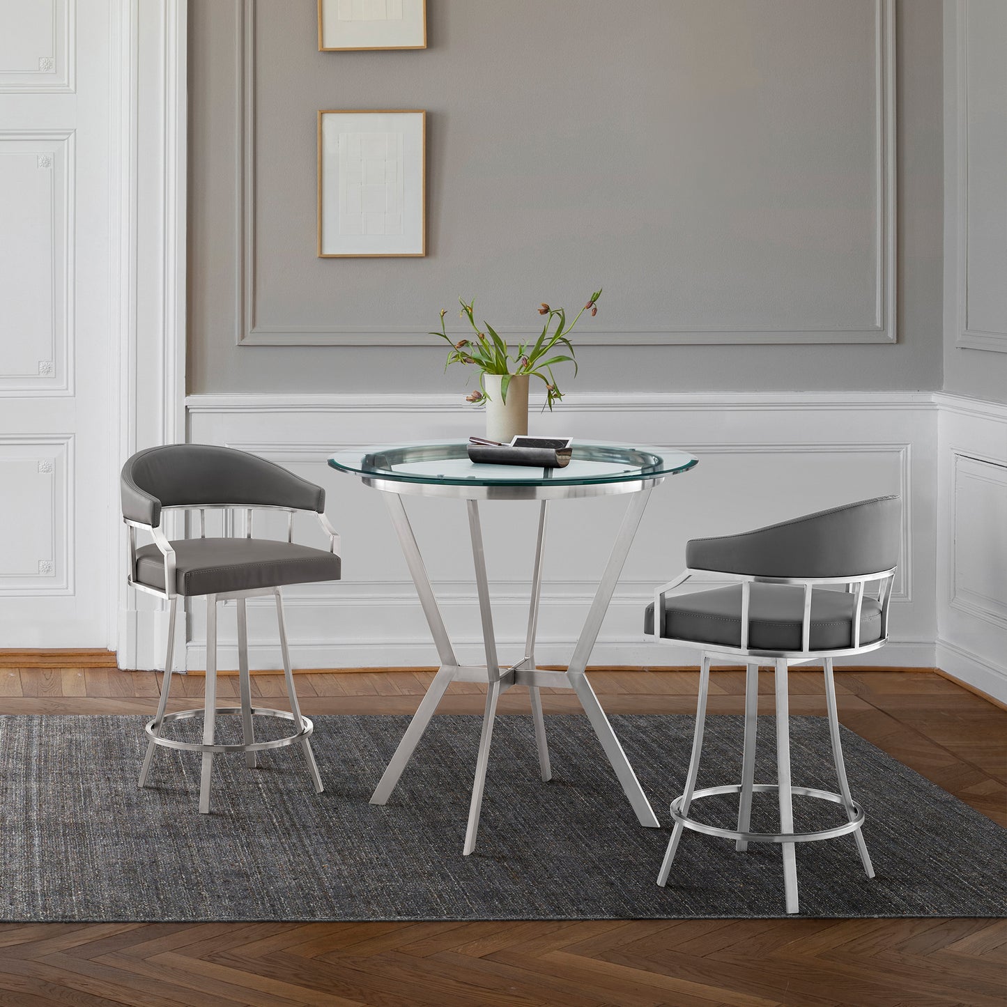 Naomi and Valerie 3-Piece Counter Height Dining Set in Brushed Stainless Steel