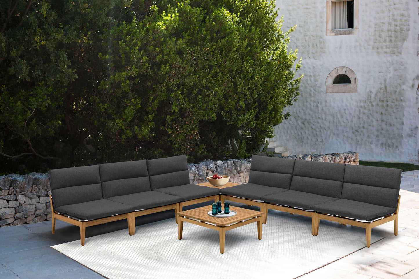 Arno 8 Piece Teak Wood Seating Set in Charcoal Olefin