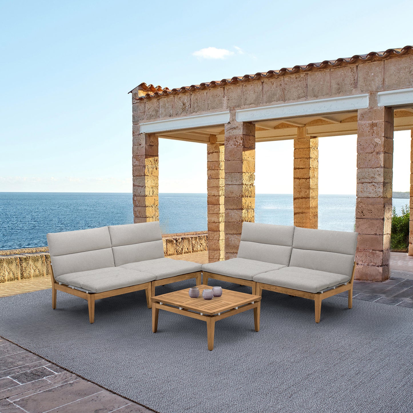 Arno 5 Piece Teak Wood Seating Set in Beige Olefin