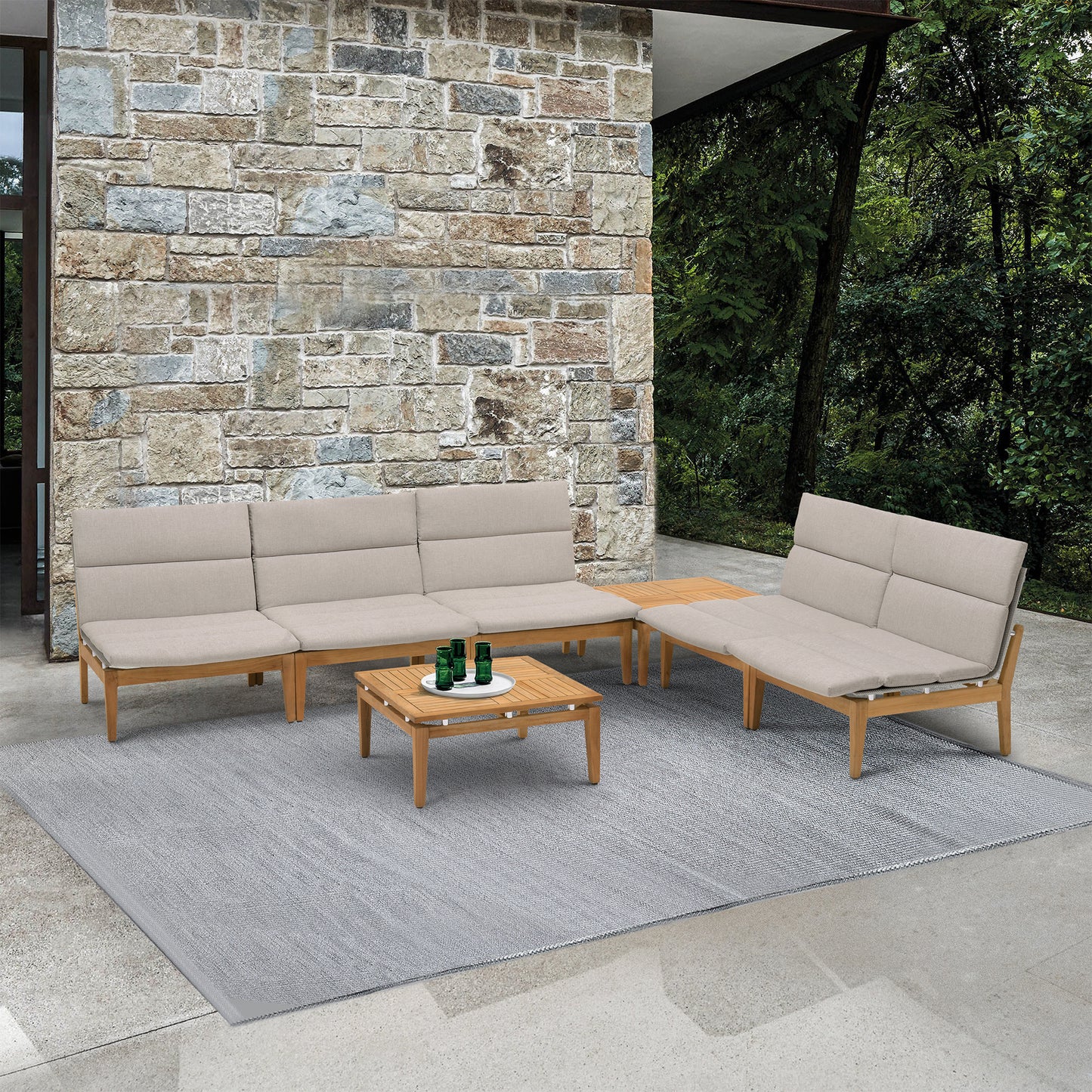 Arno 7 Piece Teak Wood Seating Set in Beige Olefin
