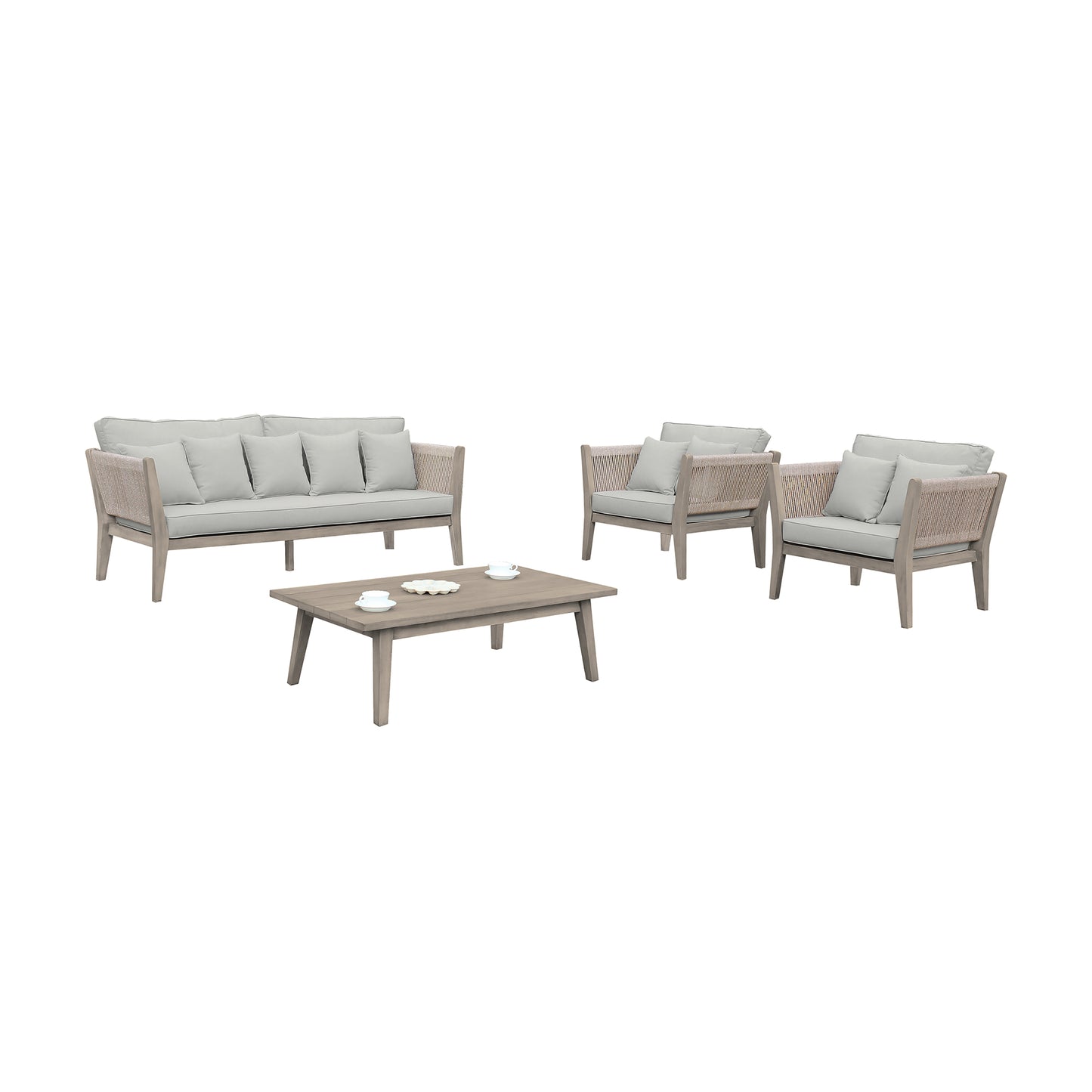 Condesa 4 Piece Patio Furniture Set in Acacia Wood and Rope with Grey Cushions