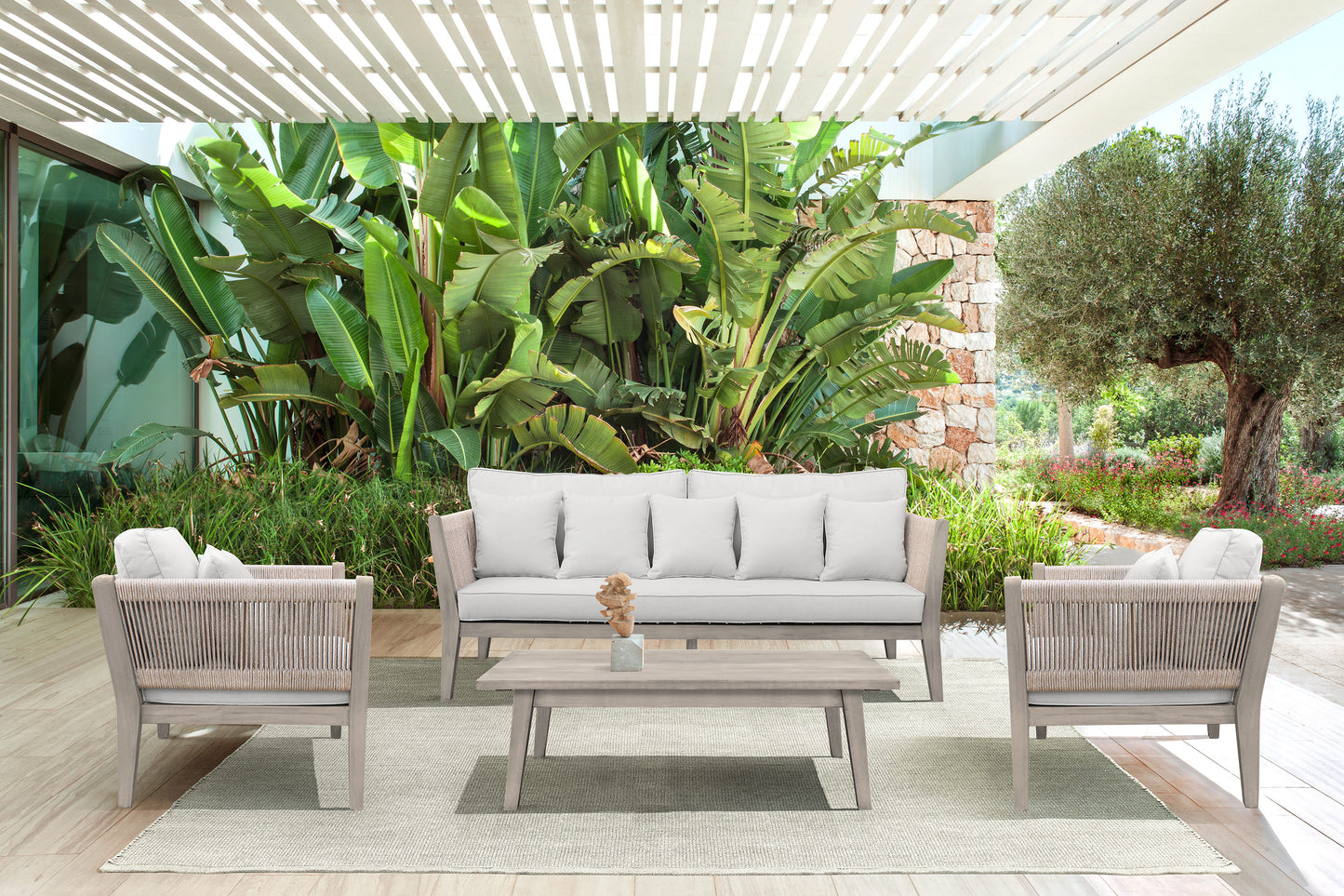 Condesa 4 Piece Patio Furniture Set in Acacia Wood and Rope with Grey Cushions