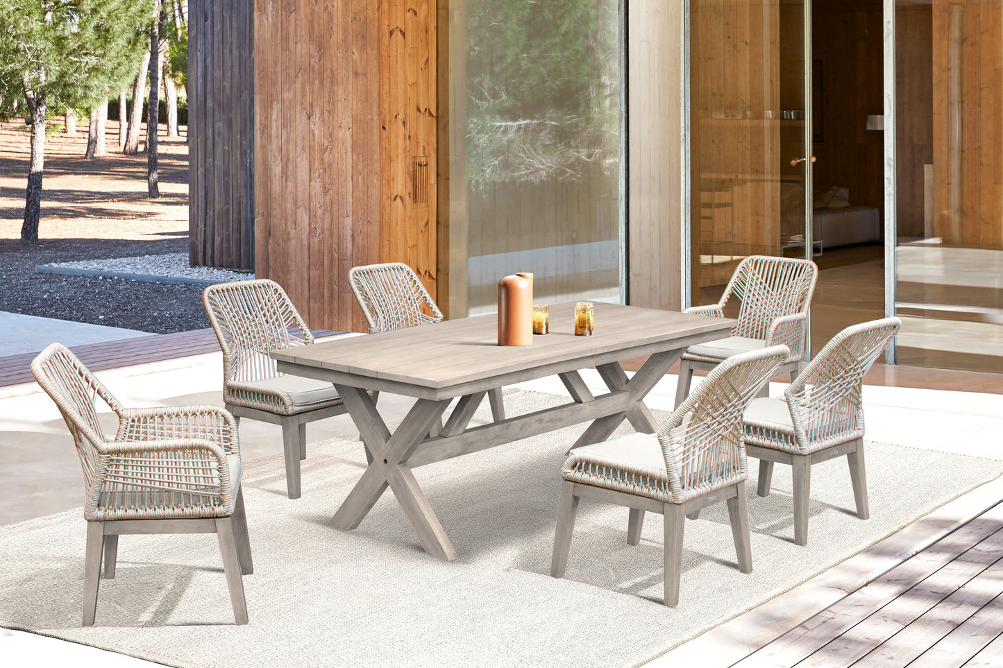 Costa 7-Piece Patio Outdoor Dining Set in Grey Acacia Wood and Rope