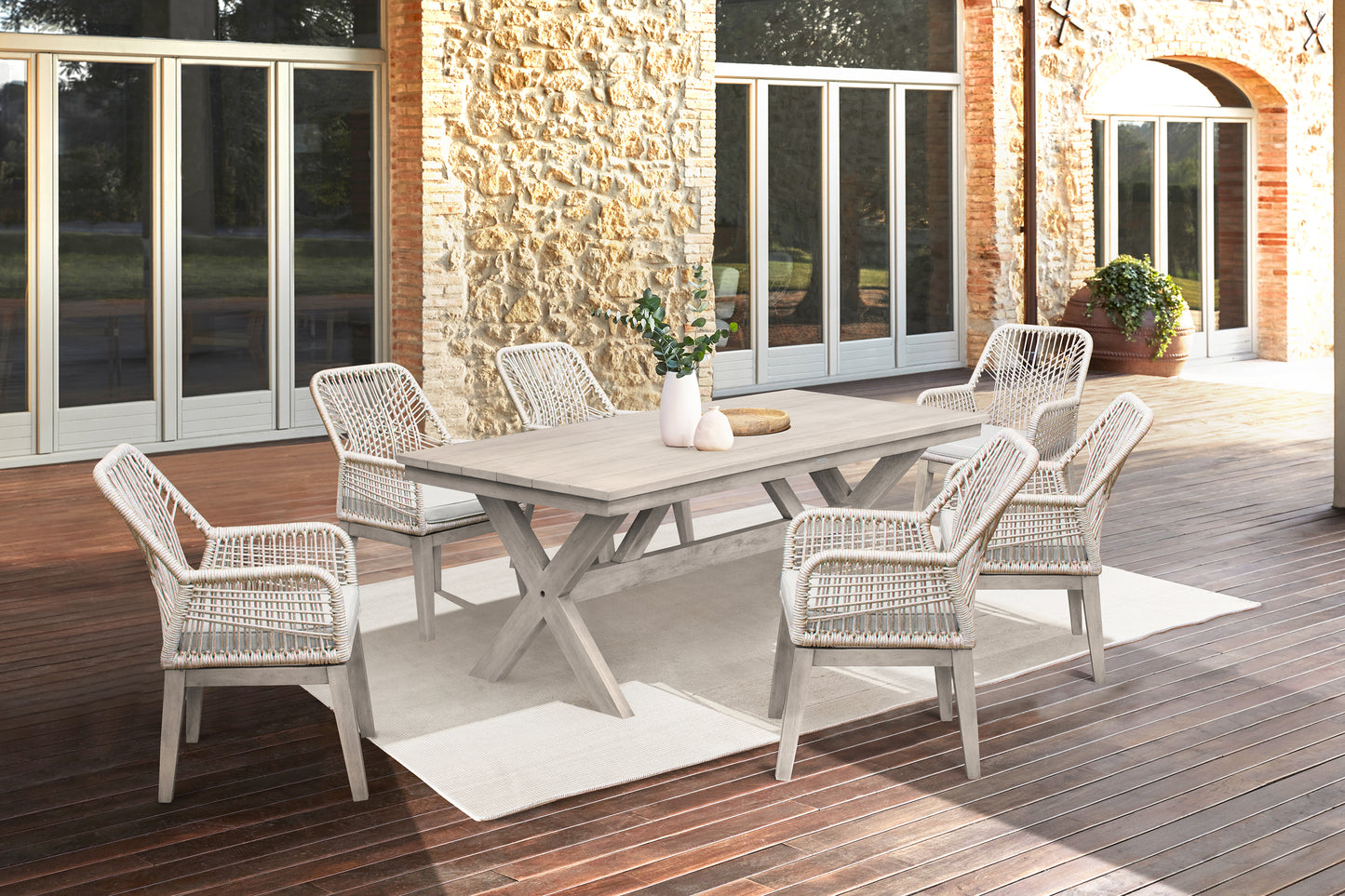 Costa 7-Piece Patio Dining Set with Arm Chairs in Grey Acacia Wood and Rope