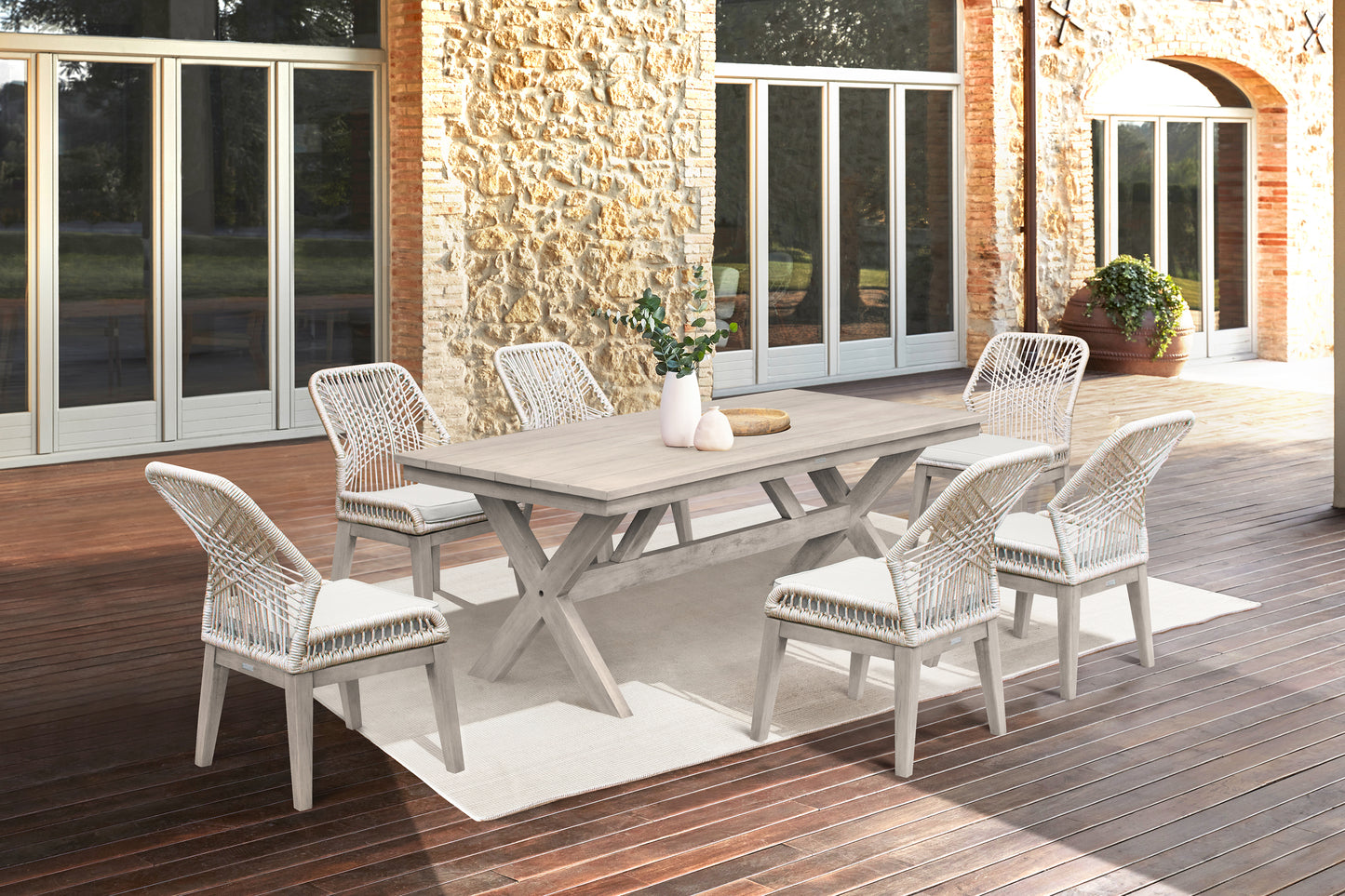 Costa Patio 7-Piece Dining Table Set with Side Chairs in Grey Acacia Wood and