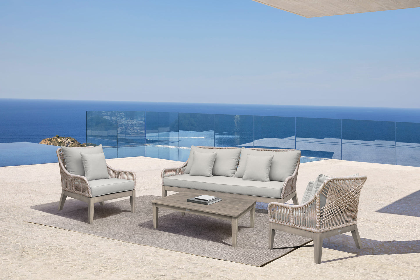 Hawaii 4 Piece Patio Furniture Set in Acacia Wood and Rope with Grey Cushions